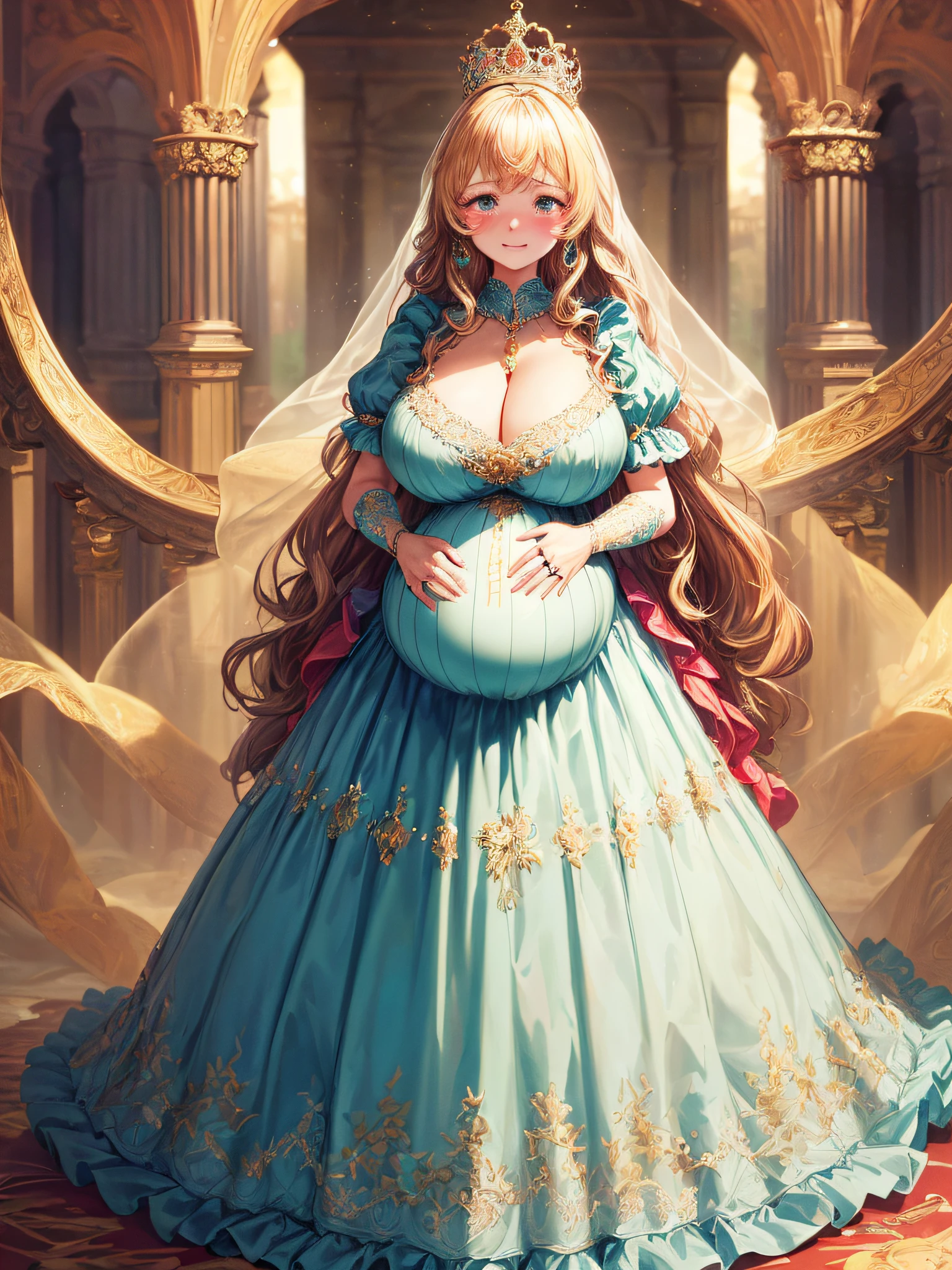 (masterpiece, best quality,extremely detailed:1.1),(moe anime art style:1.2),1girl,((full body,focus face)),((solo)), cute, kawaii,digital art,((1 bling-bling pregnant princess wearing beautiful embroidery and jeweled gorgeous princess rococo ballgown with voluminous full length hoop skirt)),(((heavily pregnant))),very big pregnant belly,((crinoline)),long train,voluminous frills,(gorgeous embroidery and beautiful lace),((very gigantic boobs,skindentation)),cleavage,shiny hair,(((very long hair,large amount of straight hair))),((embarrassed,cry)),((finely detailed face and eyes)),clear pupil,extremely gorgeousfull hair ornament,(bling-bling jeweled extremely gorgeousfull tiara),(bling-bling gorgeous gemstone jewelry),long veil,beautiful background,fantasy background,flowers,flower petals flowing,full body,((beautiful embroidery and jeweled ruffled gorgeous princess rococo ballgown with voluminous full length hoop skirt))