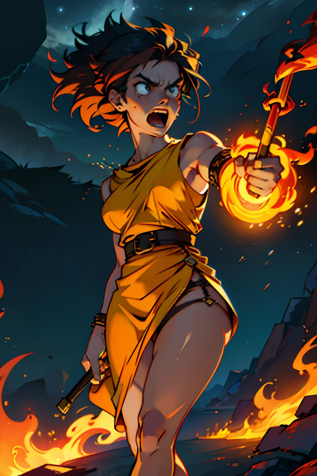 A woman who is an angry woman holding a flaming torch, screaming, background is dark sky with flames and smoke, mood is devastating, destructive, corrupting, deleterious, night time light, character design.