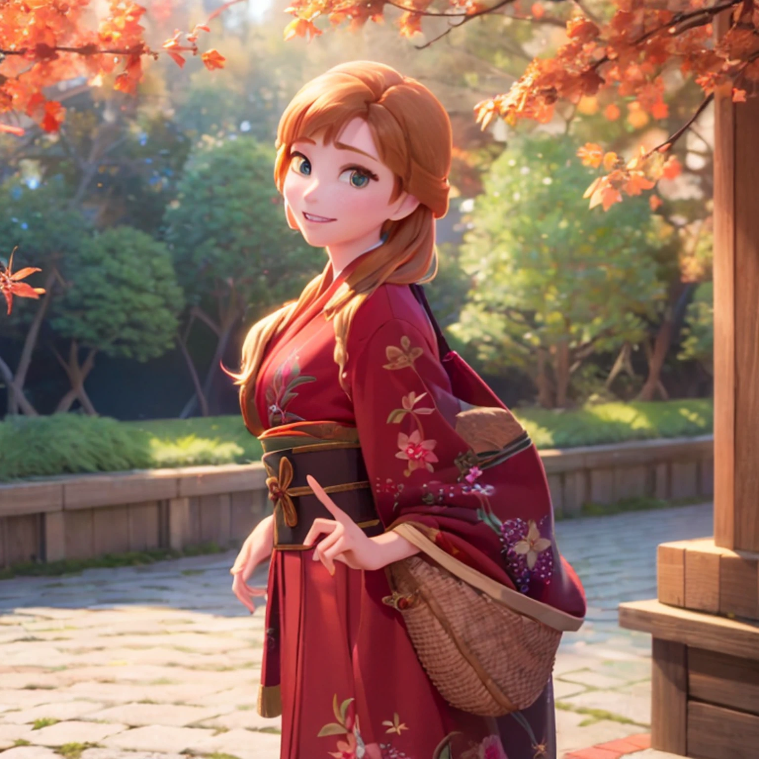 (masterpiece:1.4), (best qualit:1.4), (high resolution:1.4),
anna of arendelle, red kimono, long hair,
outdoors,
looking at viewer, smile,