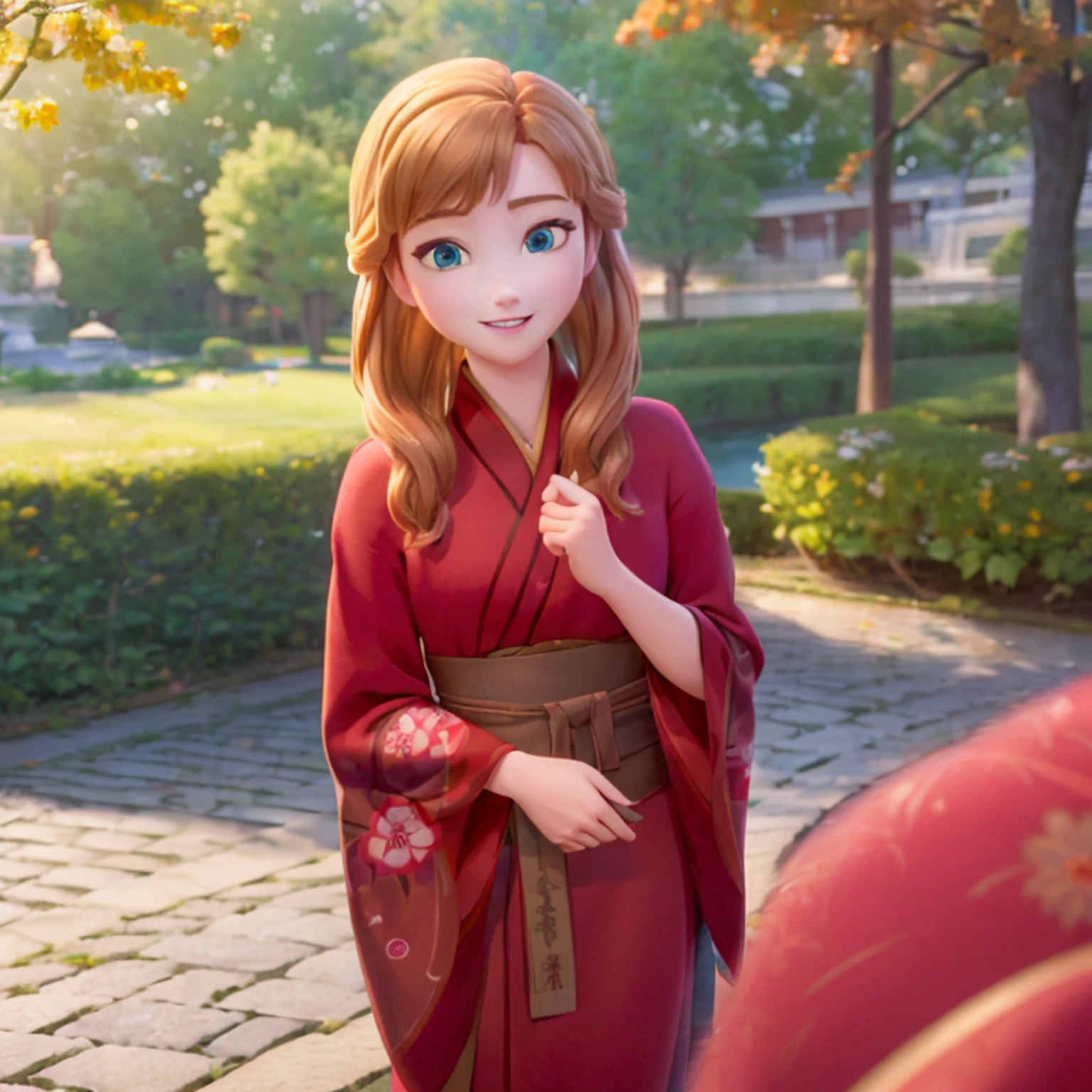(masterpiece:1.4), (best qualit:1.4), (high resolution:1.4), 
anna of arendelle, red kimono, long hair,
outdoors, 
looking at viewer, smile,