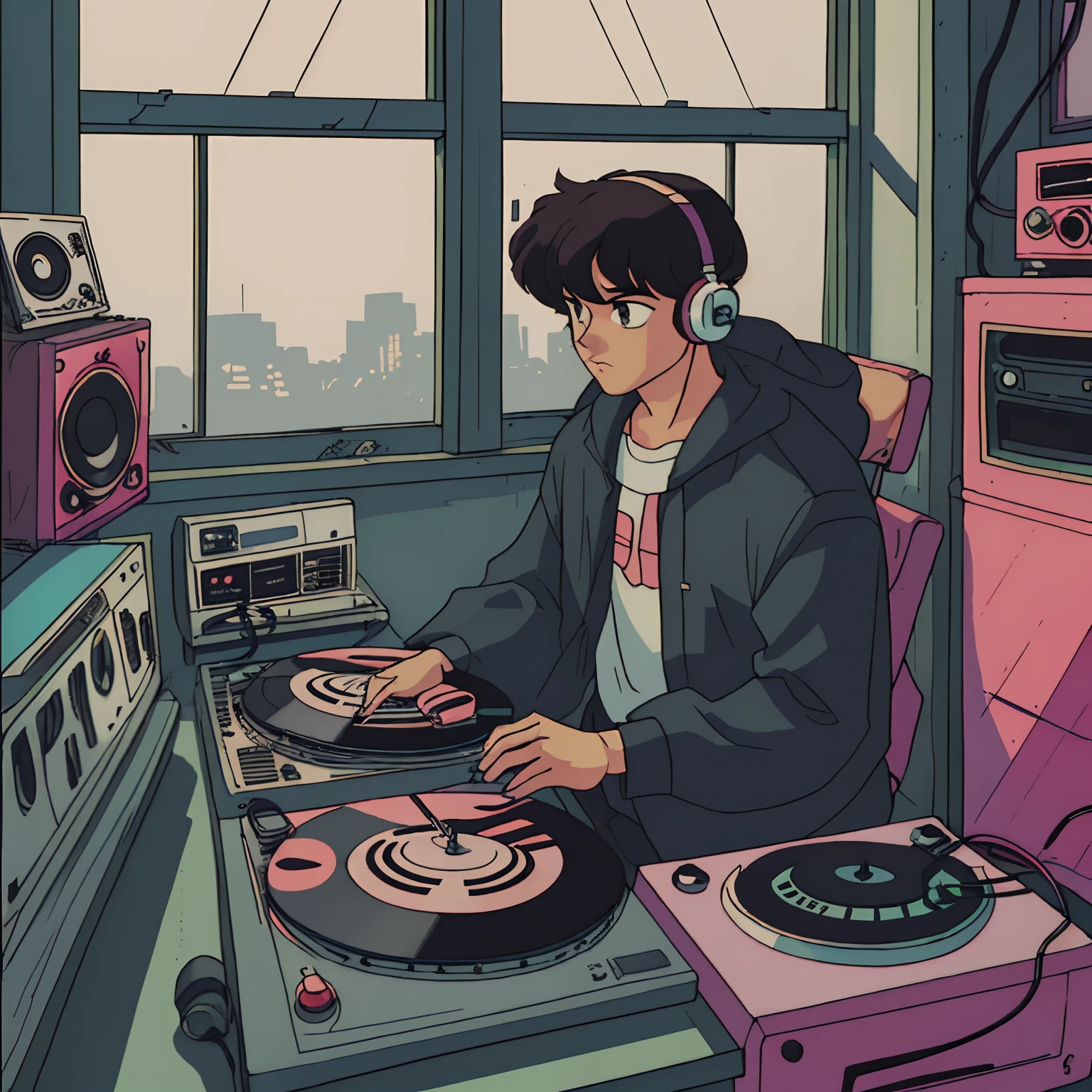 A snapshot of a man, listening to music with headphones, text: Why do you, super detaill, Retro wave, ciberpunk, sad atmosphere, Night light through the window, Night vibes, room, 2D, (Outsider), wideshot, (Film noise), Old cartoon, (A lot of records:1.3), Vinyl Record Store, (Masterpiece, Highest Quality, Highest Quality, official arts, beautiful and aesthetic: 1.2), (Very detailed, (s fractal art: 1.4), Guitar, (Notes: 1.4), ( Lo-Fi Hip Hop), side glance, Old anime texture, 独奏, loudspeaker, ciberpunk, vinil, night time