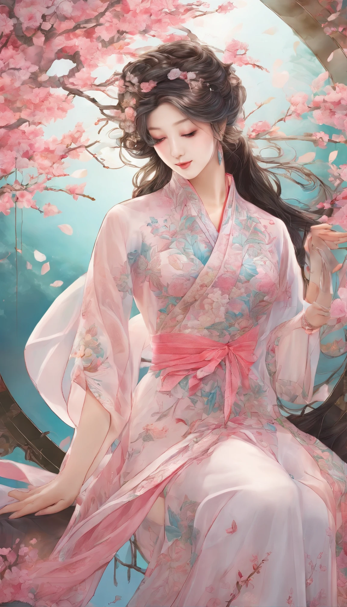 (Best quality,4K,8K,A high resolution,Masterpiece:1.2),Ultra-detailed,(Realistic,Photorealistic,photo-realistic:1.37),An exquisite depiction of cherry blossoms on a traditional Chinese silk dress, Dynamically capture Tai Chi elements, Flowing fabric, Vibrant colors, Pastel tones, Soft and dreamy lighting, meticulous craftsmanship, Dynamic movements, Detailed rendering of intricate floral embroidery, Graceful posture, Porcelain-like skin, Pink long double tail, soft blue eyes, Subtle and flawless makeup, Surreal wallpapers.