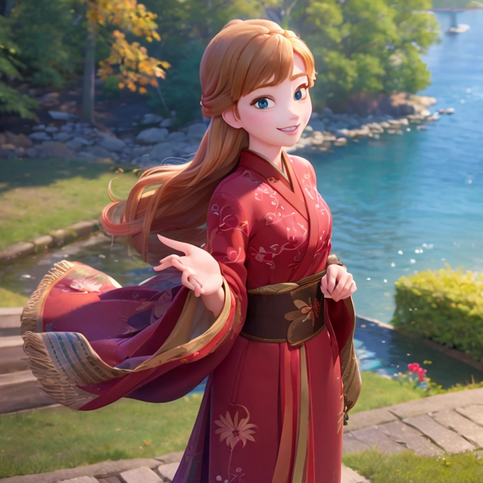 (masterpiece:1.4), (best qualit:1.4), (high resolution:1.4), 
anna of arendelle, red kimono, long hair,
outdoors, 
looking at viewer, smile,