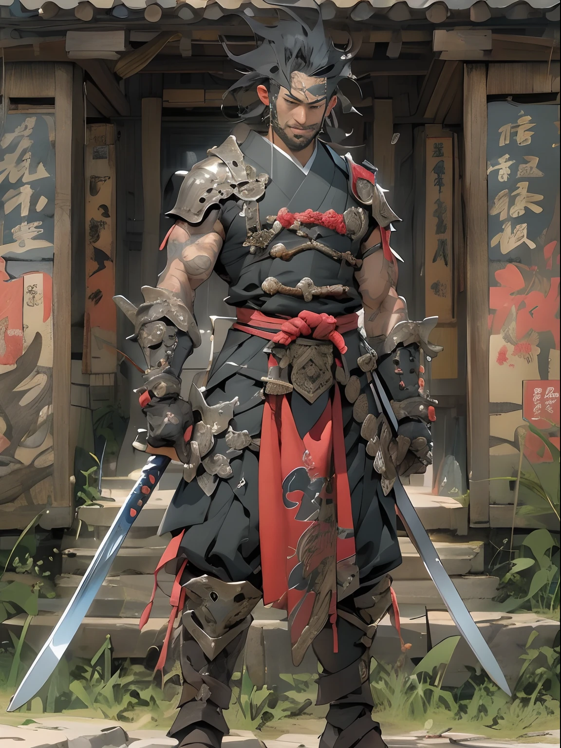 (((mtu))), (((best qualityer))), (((tmasterpiece))), (((AS-Adult))), ((( Japanese ))), Look up from your knees, Handsome Asian samurai,perfect body figure, Modern samurai, ((( Asian))), Wear gloves on your hands,The left arm is made of steel and metal tips,Made of protective devices, The eyes are pulled, (( Appears below the chest )), (( Small dental floss )), Simon Bisley, Almost naked(Simon Bisley)Castle City Wilderness,For high-resolution posters, hair straight, Minimum clothing, armure (Crazy clothes ), Full of tips and rivets, tribal tattoos, (((full bodyesbian))), Straight brunette hair,Colored hair ends