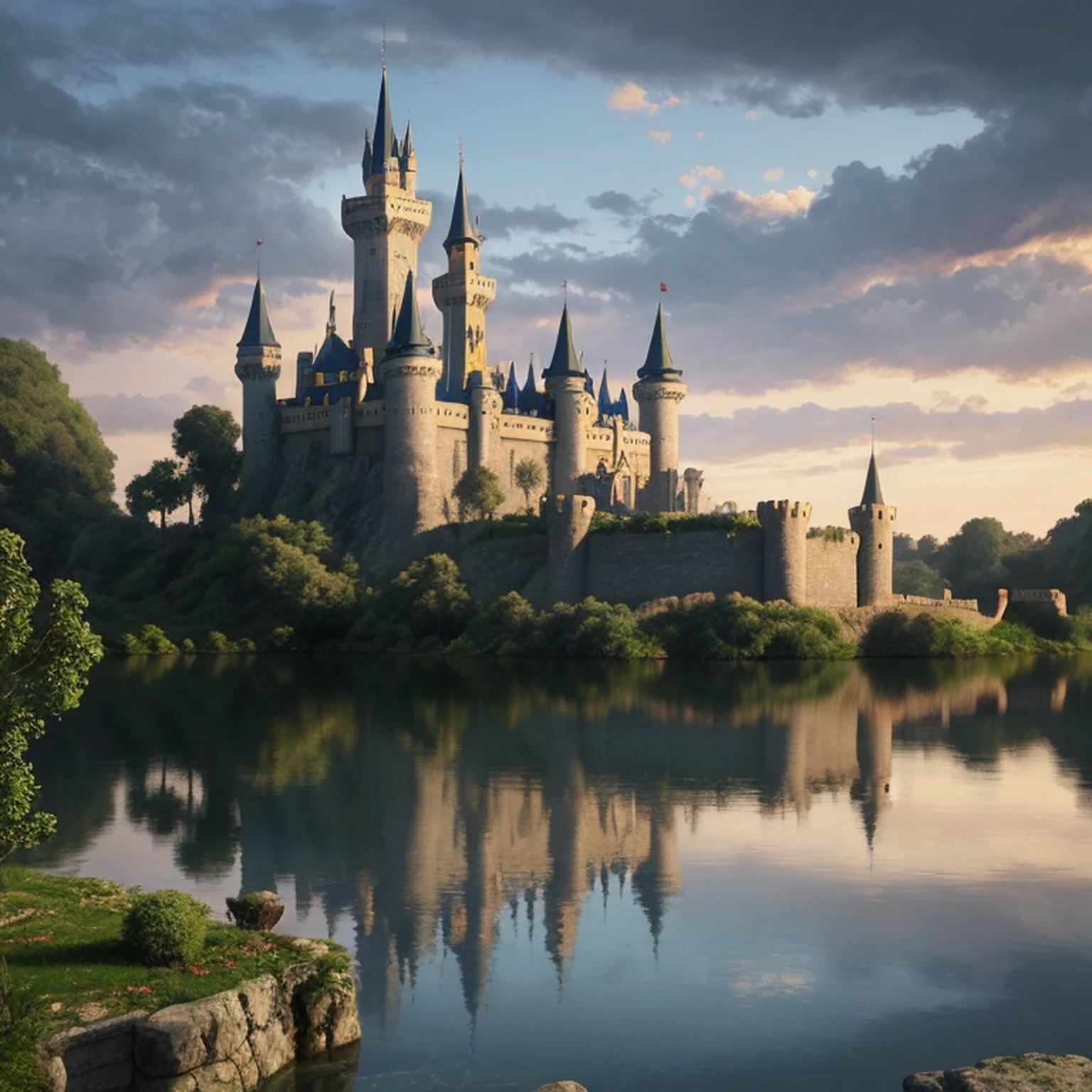 Arafed Castle with a clock tower sitting on a lake, Castelo bonito, beautiful render of a fairytale, Castelo da Fantasia, magic castle, epic castle with tall spires, Fantasy Style 8k Octane Rendering, pintura fosca de alta qualidade, Disney fotorrealista, pintura fosca altamente detalhada, castelo futurista, epic castle, 3D render e pintura fosca, (octan render) estilo fantasia
