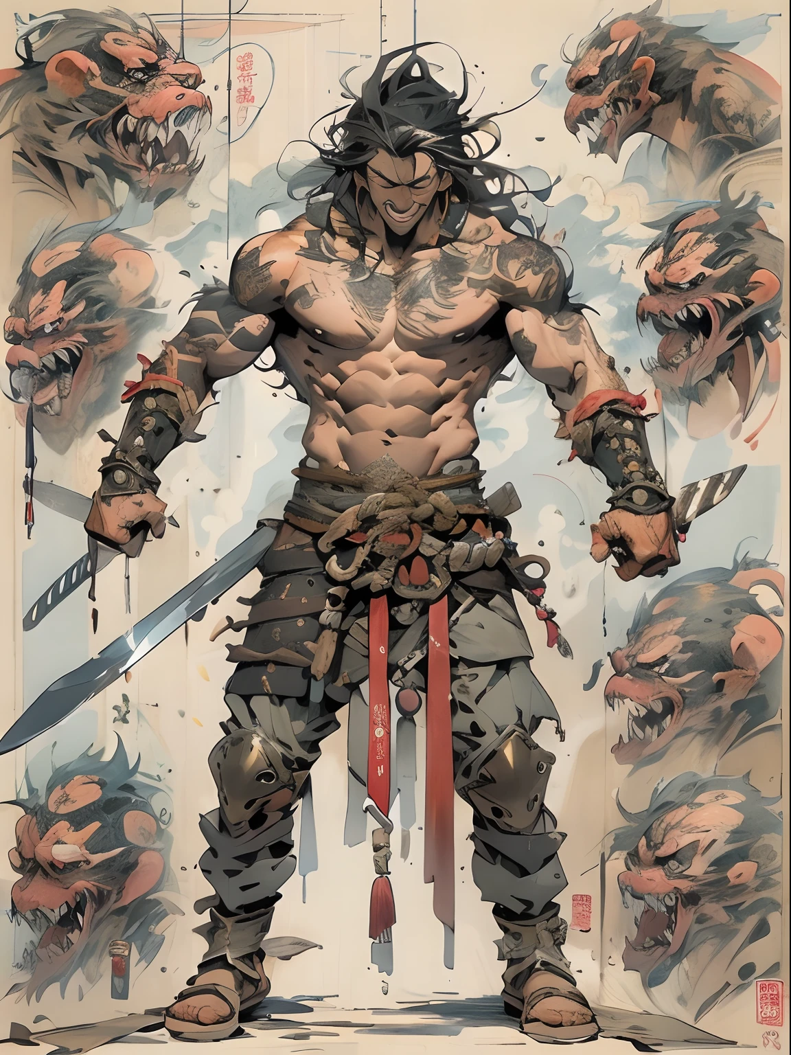 (((mtu))), (((best qualityer))), (((tmasterpiece))), (((AS-Adult))), ((( Japanese ))), Look up from your knees, Handsome Asian samurai,perfect body figure, Modern samurai, ((( Asian))), Wear gloves on your hands,The left arm is made of steel and metal tips,Made of protective devices, The eyes are pulled, (( Appears below the chest )), (( Small dental floss )), Simon Bisley, Almost naked(Simon Bisley)Castle City Wilderness,For high-resolution posters, hair straight, Minimum clothing, armure (Crazy clothes ), Full of tips and rivets, tribal tattoos, (((full bodyesbian))), Straight brunette hair,Colored hair ends
