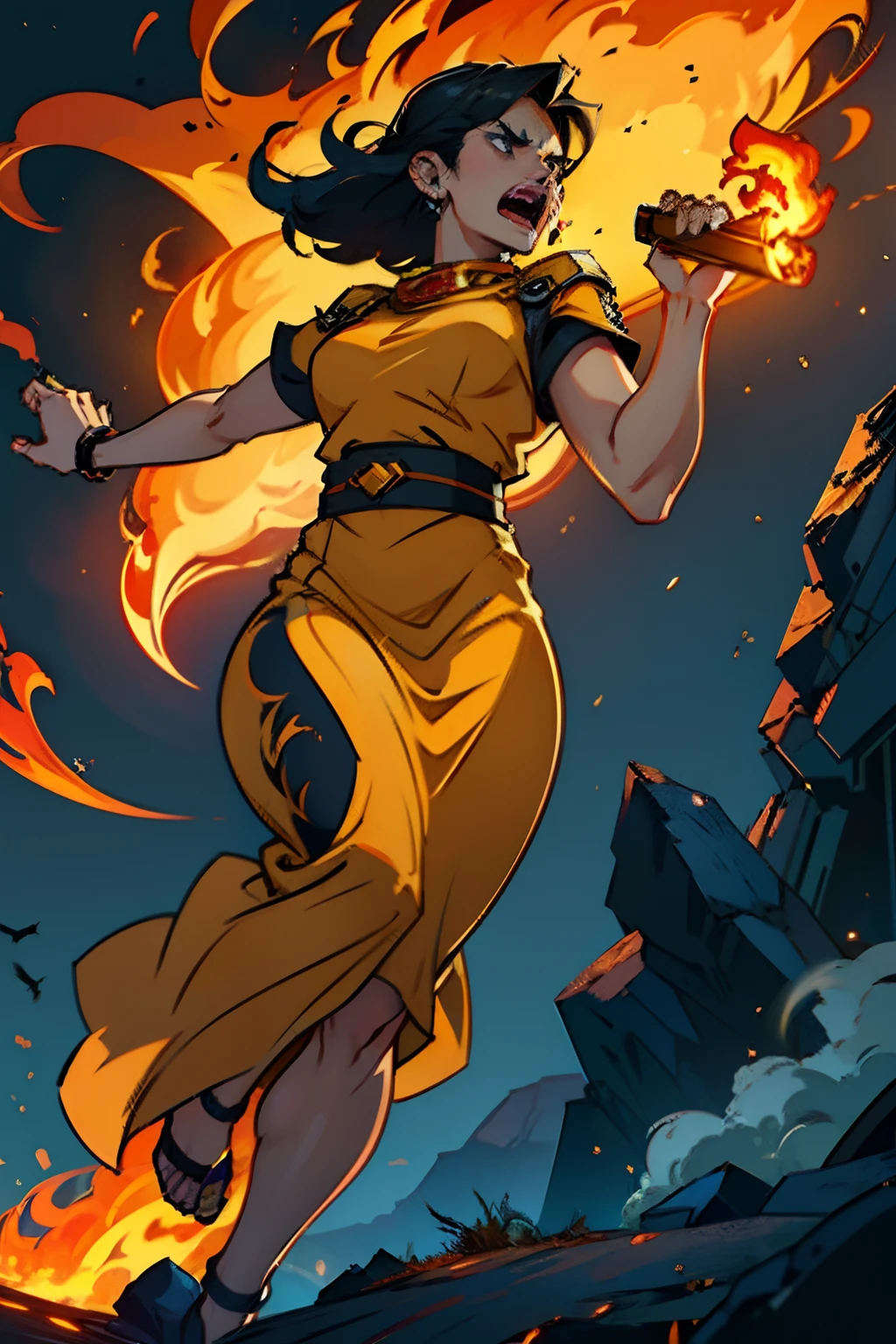 A woman who is an angry woman holding a flaming torch, screaming, background is dark sky with flames and smoke, mood is devastating, destructive, corrupting, deleterious, night time light, character design.