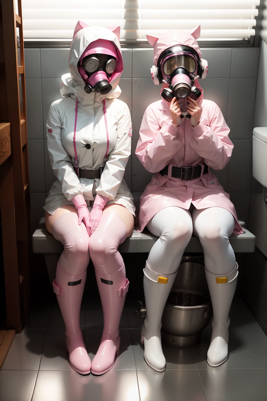 beautiful woman's in pairs WHITE rainboots in pants pink rubbergloves
Rubber Raincoat whole body sit in toiletbowl Japanese, heavygear
gasmask