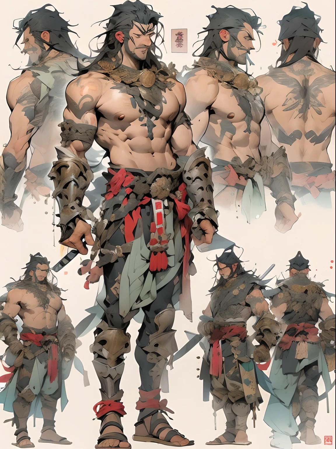 (((mtu))), (((best qualityer))), (((tmasterpiece))), (((AS-Adult))), ((( Japanese ))), Look up from your knees, Handsome Asian samurai,perfect body figure, Modern samurai, ((( Asian))), Wear gloves on your hands,The left arm is made of steel and metal tips,Made of protective devices, The eyes are pulled, (( Appears below the chest )), (( Small dental floss )), Simon Bisley, Almost naked(Simon Bisley)Castle City Wilderness,For high-resolution posters, hair straight, Minimum clothing, armure (Crazy clothes ), Full of tips and rivets, tribal tattoos, (((full bodyesbian))), Straight brunette hair,Colored hair ends