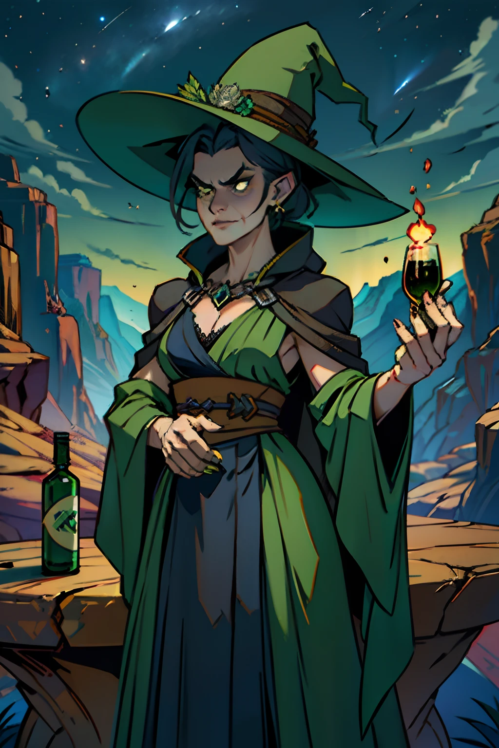 A woman who is an ugly old green witch, with dark robe and pointy hat, evil and angry looking, standing behind a table, mixing a deadly potion, background is a canyon with dark night sky, mood is fractious, recalcitrant, aggravating, agitating, night time light, character design.