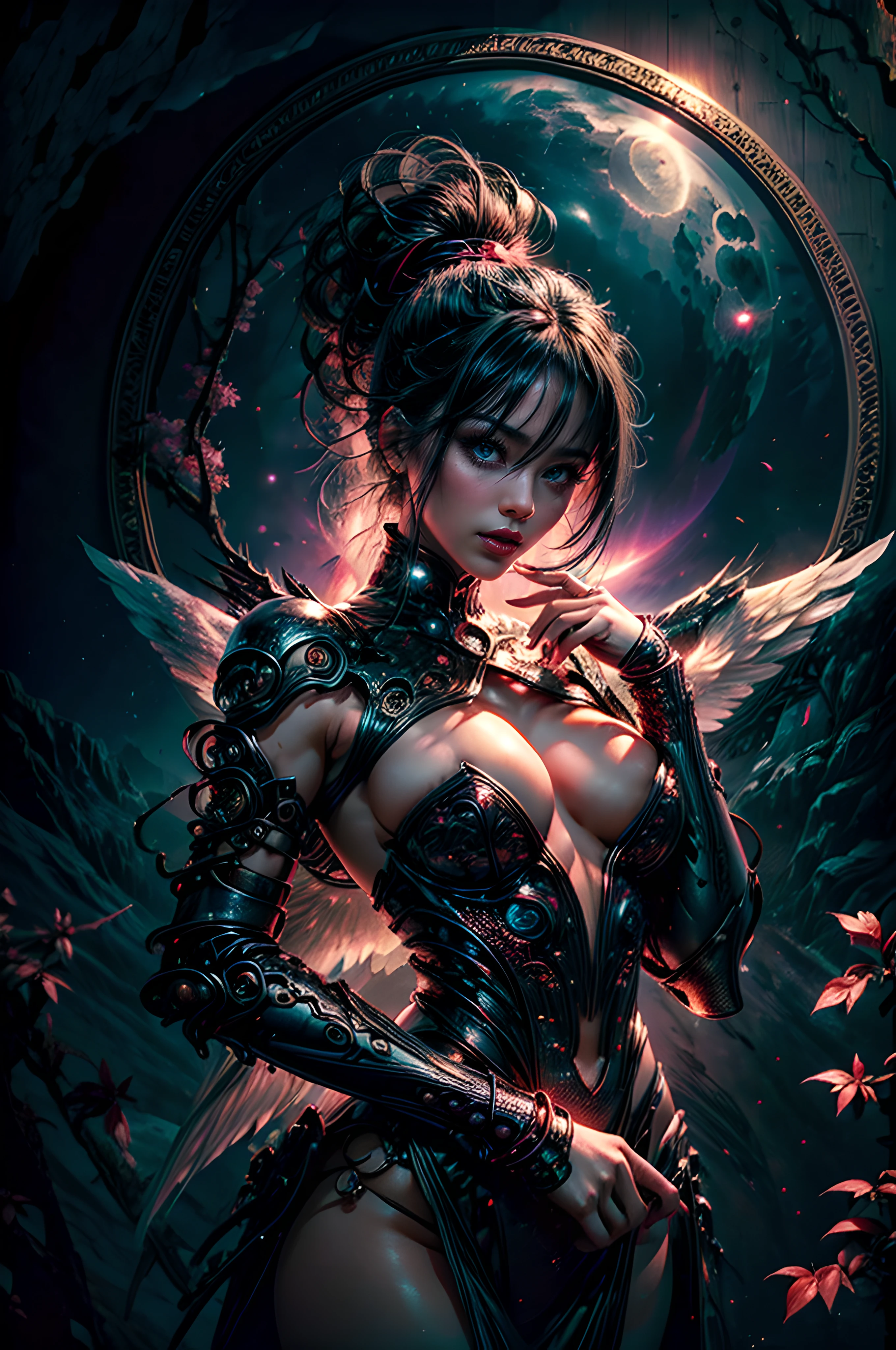 (best quality,highres,ultra-detailed:1.2),night,mountain,full moon,long black hair,woman,firefly,stars,mysterious cherry blossom tree,pink leaves,beautiful graphics,high detail,calming ambiance,lush greenery,silhouette of the woman,soft glow,vivid colors,subtle shadows,cinematic light, A sexy woman in armor, legendary samorai , A beautiful babe, sex pose, erotic design , erotic face, erotic pose, pore white hair, small tits, big eyes, sexy eyes, body covered with tattoo, red lips, sexy lips, sexy face, naked, erotic, erotic pose, FULL BODY, Cosmic Fallen Angel, glowing light eyes, divine, Biomechanical,