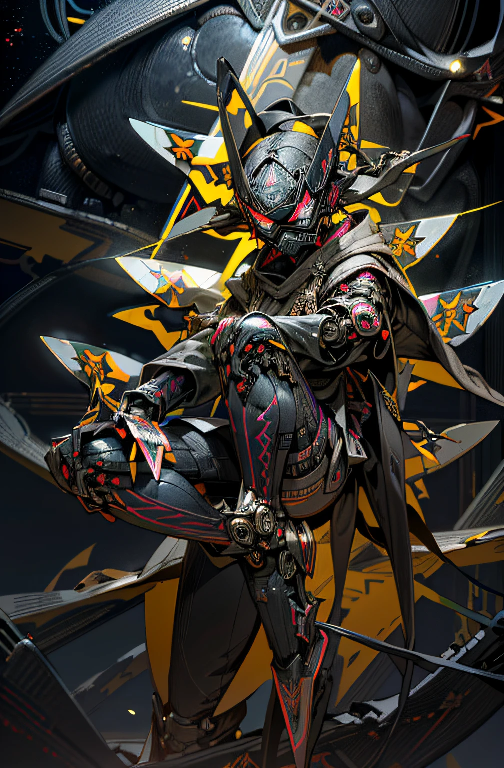 full helmet、(Gas masks:1.3)、(blasts:1.3)、(neon wiring:1.5)、(Psychedelic:1.3)、(shurikens:1.7)、(knifes)、(Wearing a hood)、Extremely colorful、cyber punk perssonage、(独奏:1.5)、Mechanical Wonder、droid、(((tmasterpiece、top-quality、Beautiful、ultra - detailed)))、All-god idol、(Mechanical feet:1.1)、(mechanical leg:1.1)