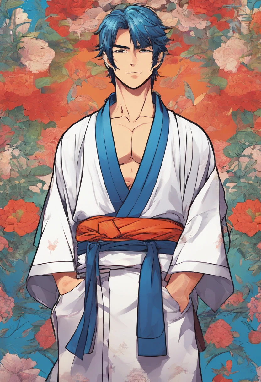 Man in Yukata frontage full bodyesbian Standing frontage blue hairs