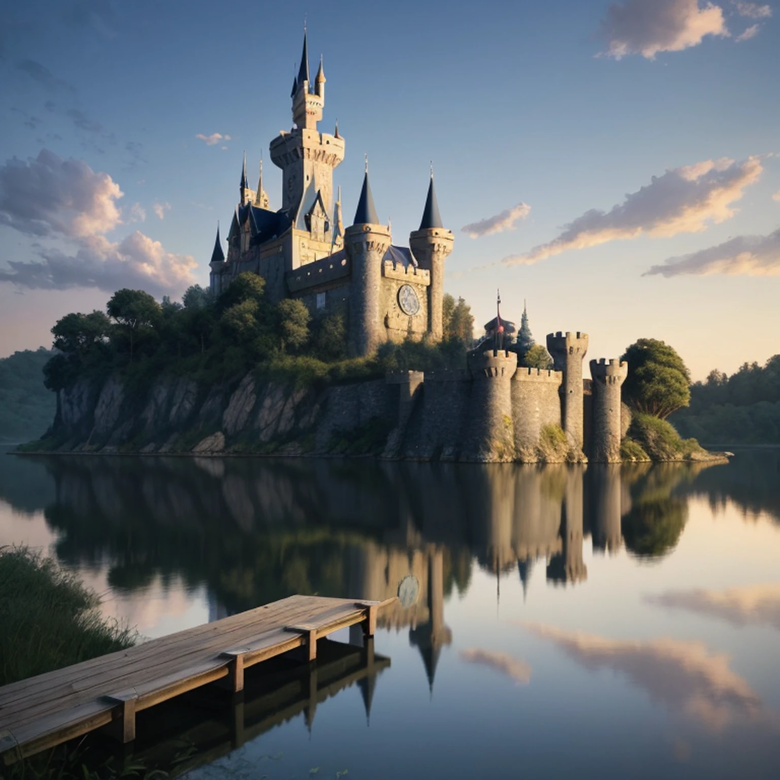 Arafed Castle with a clock tower sitting on a lake, Castelo bonito, beautiful render of a fairytale, Castelo da Fantasia, magic castle, epic castle with tall spires, Fantasy Style 8k Octane Rendering, pintura fosca de alta qualidade, Disney fotorrealista, pintura fosca altamente detalhada, castelo futurista, epic castle, 3D render e pintura fosca, (octan render) estilo fantasia