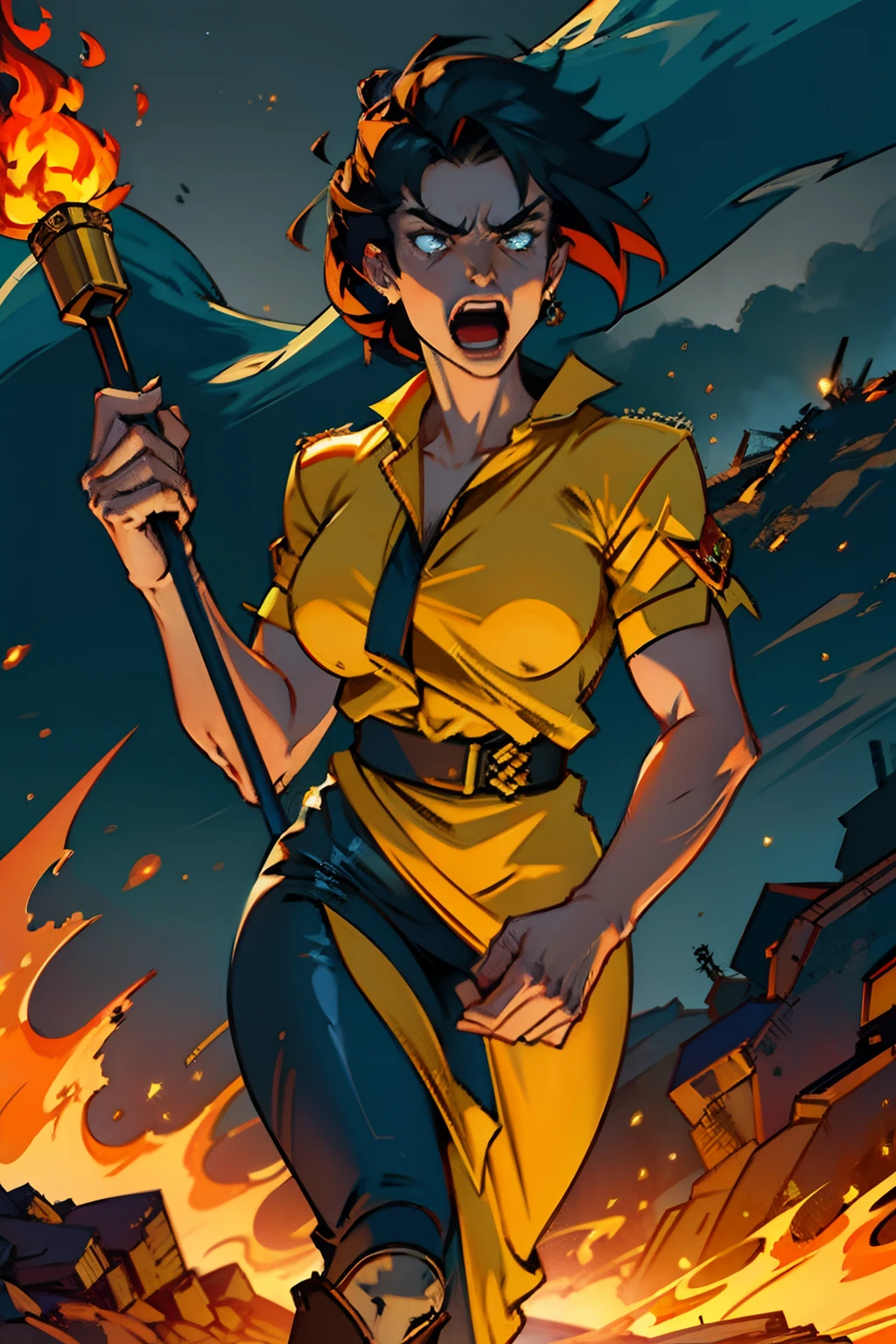 A woman who is an angry woman holding a flaming torch, screaming, background is dark sky with flames and smoke, mood is devastating, destructive, corrupting, deleterious, night time light, character design.