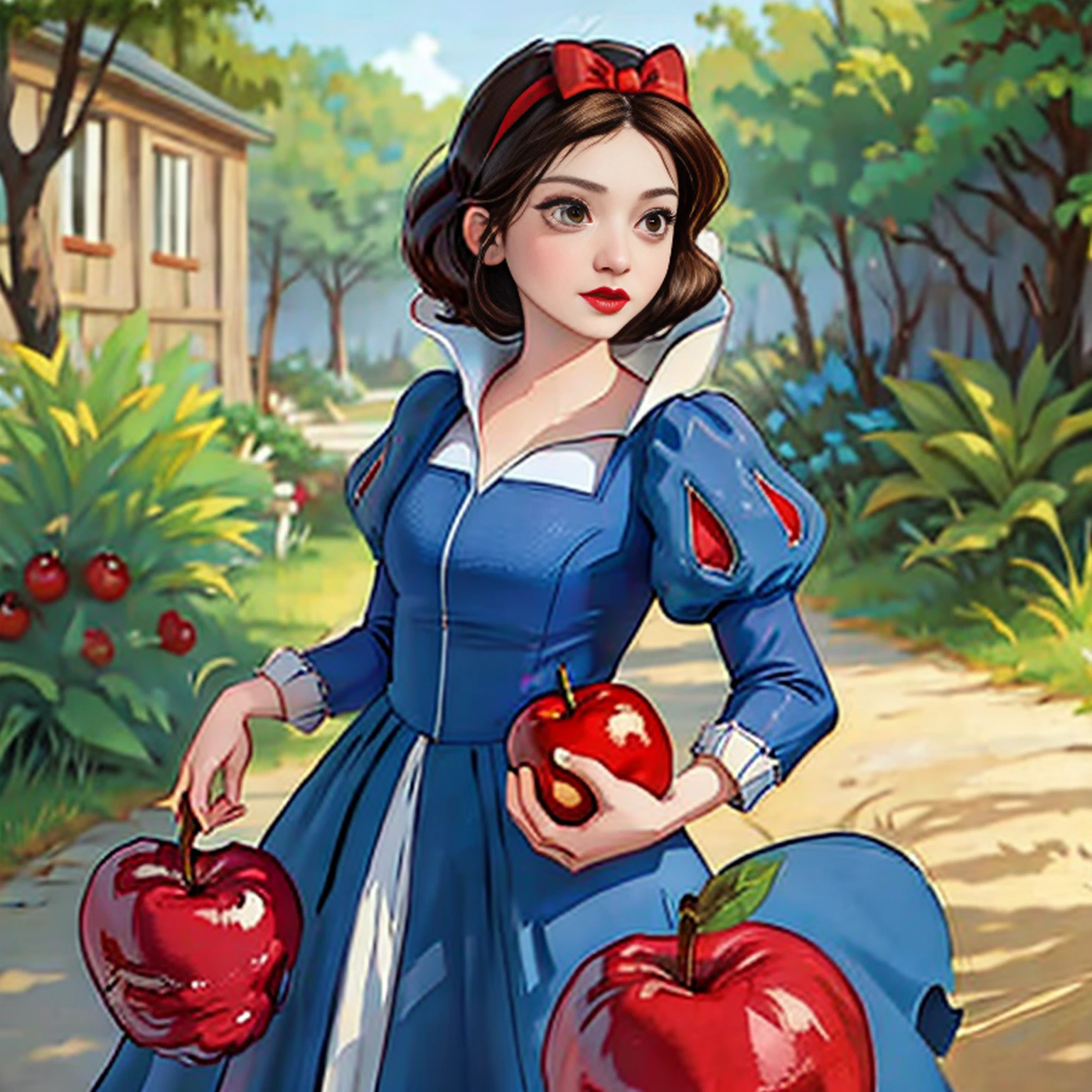 (masterpiece,photorealistic:1.37),(detailed texture:1.1),(illustration:1.1),(cowboy shot:1.4),SnowPrincessw,(red lips,white skin),eyelashes,gradient eyes,(medium breasts:1.2),(17 years old:1.3),outdoors,black hair,snow white, (dress, puffy sleeves:1.3),(red hairband with bow:1.4),(brown eyes:1.4),(nature:1.1),expressionless,looking at viewer,(butterfly:1.2),apple,(holding apple:1.4),(ornamental frame,:1.2),BREAK,