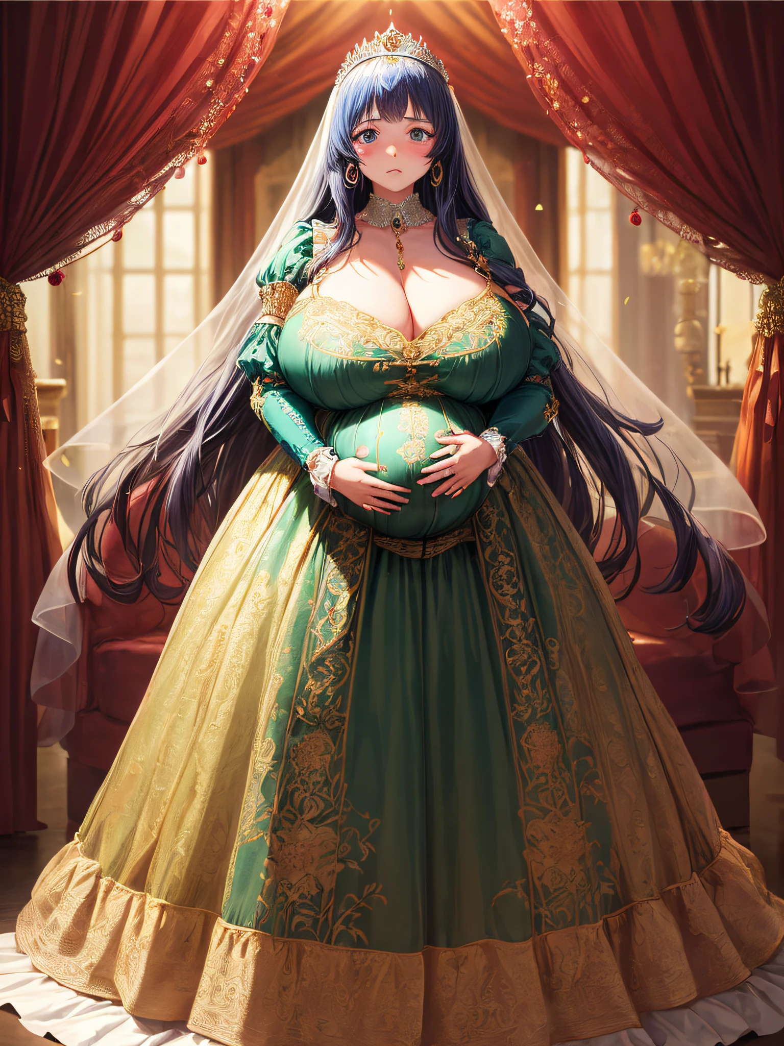 (masterpiece, best quality,extremely detailed:1.1),(moe anime art style:1.2),1girl,((full body,focus face)),((solo)), cute, kawaii,digital art,((1 bling-bling pregnant princess wearing beautiful embroidery and jeweled gorgeous princess rococo ballgown with voluminous full length hoop skirt)),(((heavily pregnant))),very big pregnant belly,((crinoline)),long train,voluminous frills,(gorgeous embroidery and beautiful lace),((very gigantic boobs,skindentation)),cleavage,shiny hair,(((very long hair,large amount of straight hair))),((embarrassed,anguish)),((finely detailed face and eyes)),clear pupil,extremely gorgeousfull hair ornament,(bling-bling jeweled extremely gorgeousfull tiara),(bling-bling gorgeous gemstone jewelry),long veil,beautiful background,fantasy background,flowers,flower petals flowing,full body,((beautiful embroidery and jeweled ruffled gorgeous princess rococo ballgown with voluminous full length hoop skirt))