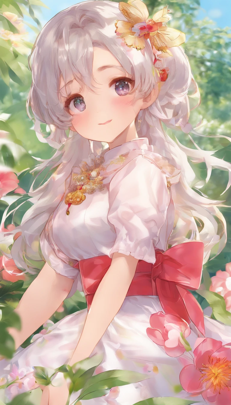 long layered silvery white hair，High ponytail，Delicate and bright hair color，Delicate and perfect face，The corners of the eyes are slightly red，ssmile，upturned corners of the mouth，Peony pattern cheongsam design，Raised skirt，Delicate long legs，The skin texture is delicate，leaning back against the wall，Cinematic gloss，Best quality photos 16k high resolution。