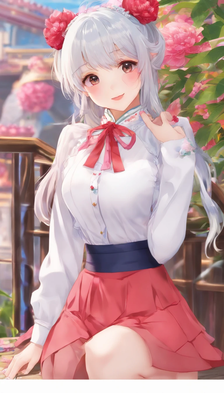 long layered silvery white hair,High ponytail,Delicate and bright hair color,Delicate and perfect face,The corners of the eyes are slightly red,ssmile,upturned corners of the mouth,Peony pattern cheongsam design,Raised skirt,Delicate long legs,The skin texture is delicate,leaning back against the wall,Cinematic gloss,Best quality photos 16k high resolution。