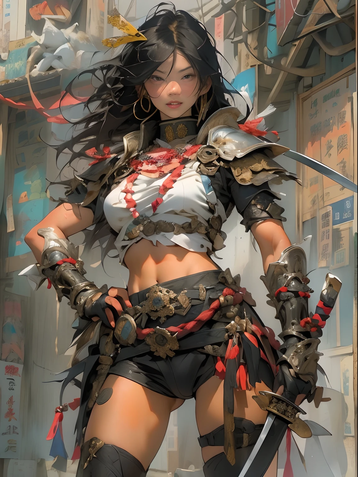(((woman))), (((best qualityer))), (((tmasterpiece))), (((AS-Adult))), ((( Japanese ))), Look up from your knees, A beautiful asian samurai woman with perfect body, Modern samurai, ((( Asian))), Wear gloves on your hands,The left arm is made of steel and metal tips,Made of protective devices, The eyes are pulled, (( Appears below the breast )), (( Small dental floss )), Simon Bisley, Almost naked(Simon Bisley)Castle City Wilderness,For high-resolution posters, hair straight, Minimum clothing, armure (Crazy clothes ), Full of tips and rivets, tribal tattoos, (((full bodyesbian))), Straight brunette hair,Colored hair ends
