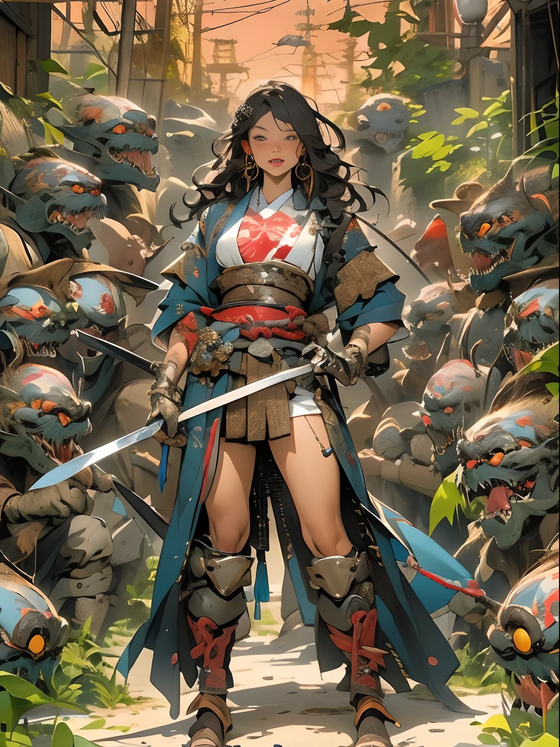 (((woman))), (((best qualityer))), (((tmasterpiece))), (((AS-Adult))), ((( Japanese ))), Look up from your knees, A beautiful asian samurai woman with perfect body, Modern samurai, ((( Asian))), Wear gloves on your hands,The left arm is made of steel and metal tips,Made of protective devices, The eyes are pulled, (( Appears below the breast )), (( Small dental floss )), Simon Bisley, Almost naked(Simon Bisley)Castle City Wilderness,For high-resolution posters, hair straight, Minimum clothing, armure (Crazy clothes ), Full of tips and rivets, tribal tattoos, (((full bodyesbian))), Straight brunette hair,Colored hair ends