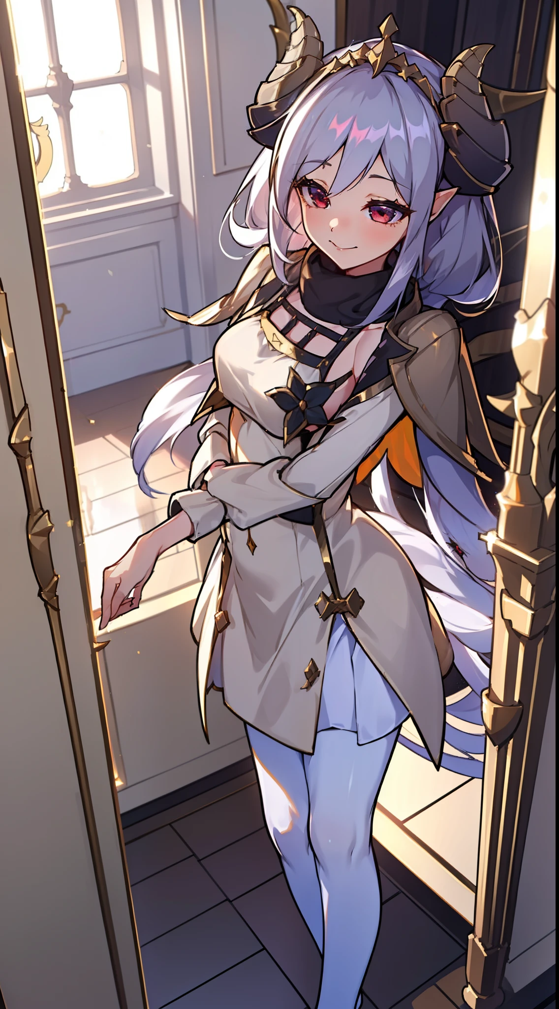 1girl,solo,happy,light golden short dress,medium tits,white hair,(zesshi hair style),red eyes,elves ears,golden horns,white pantyhose,((gold tiara)),Detailed,(long cape),zesshi zetsumei body,(((standing in front of a room inside a castle)))