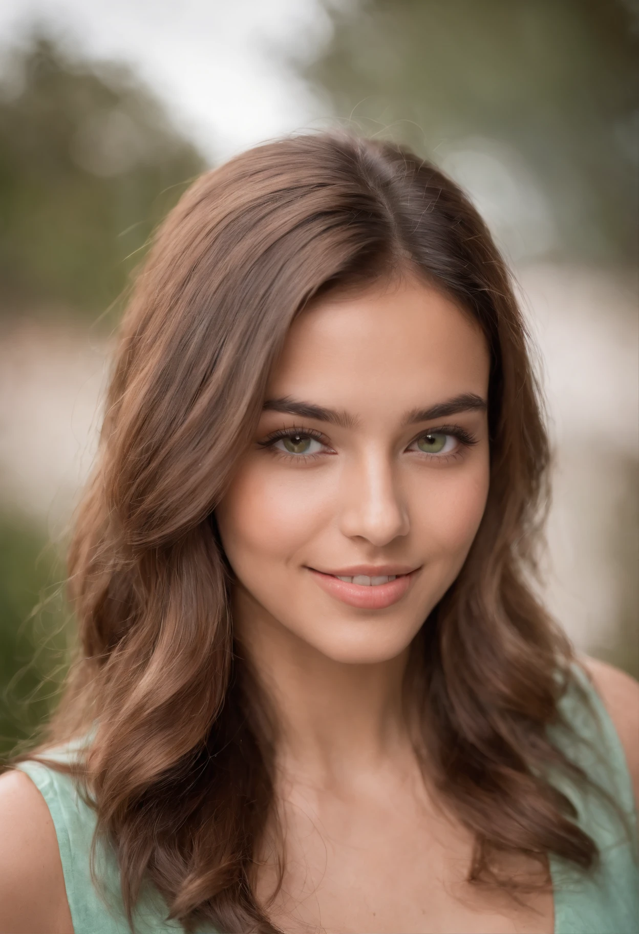 Realistic full body photo of a smiling, Young brunette woman with long hair, She dances in front of the camera in a long A-line bridesmaid dress with jewel neck straps made of shiny green satin., Park,glamour fotoshooting, Wedding celebration, perfect anatomy, perfect brown eyes. Perfect hands with 5 fingers on each hand, Matching girl, look into the camera, 1 Frau. (Eye make up:1.1), (highly detailed skin:1.1), spirit, analog style, keen focus, 8K  UHD, dslr, good quality, Fujifilm XT3, Grain, Award-winning, ​masterpiece. Wedding celebration