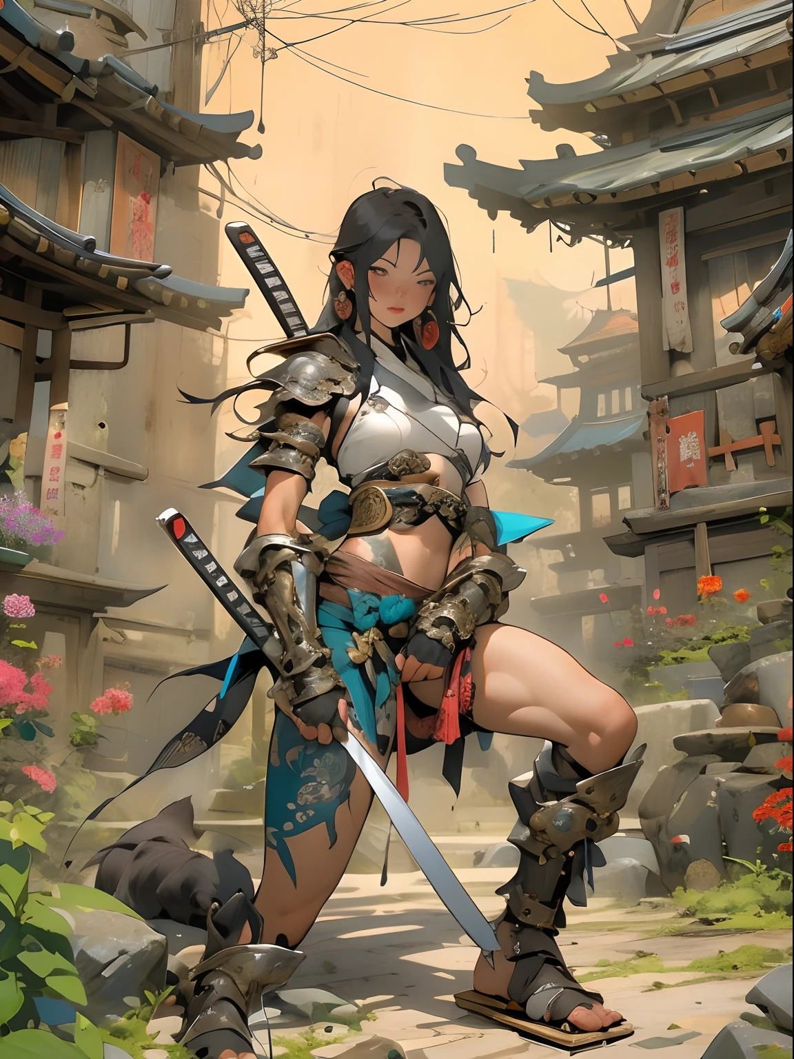 (((woman))), (((best qualityer))), (((tmasterpiece))), (((AS-Adult))), ((( Japanese ))), Look up from your knees, A beautiful asian samurai woman with perfect body, Modern samurai, ((( Asian))), Wear gloves on your hands,The left arm is made of steel and metal tips,Made of protective devices, The eyes are pulled, (( Appears below the breast )), (( Small dental floss )), Simon Bisley, Almost naked(Simon Bisley)Castle City Wilderness,For high-resolution posters, hair straight, Minimum clothing, armure (Crazy clothes ), Full of tips and rivets, tribal tattoos, (((full bodyesbian))), Straight brunette hair,Colored hair ends