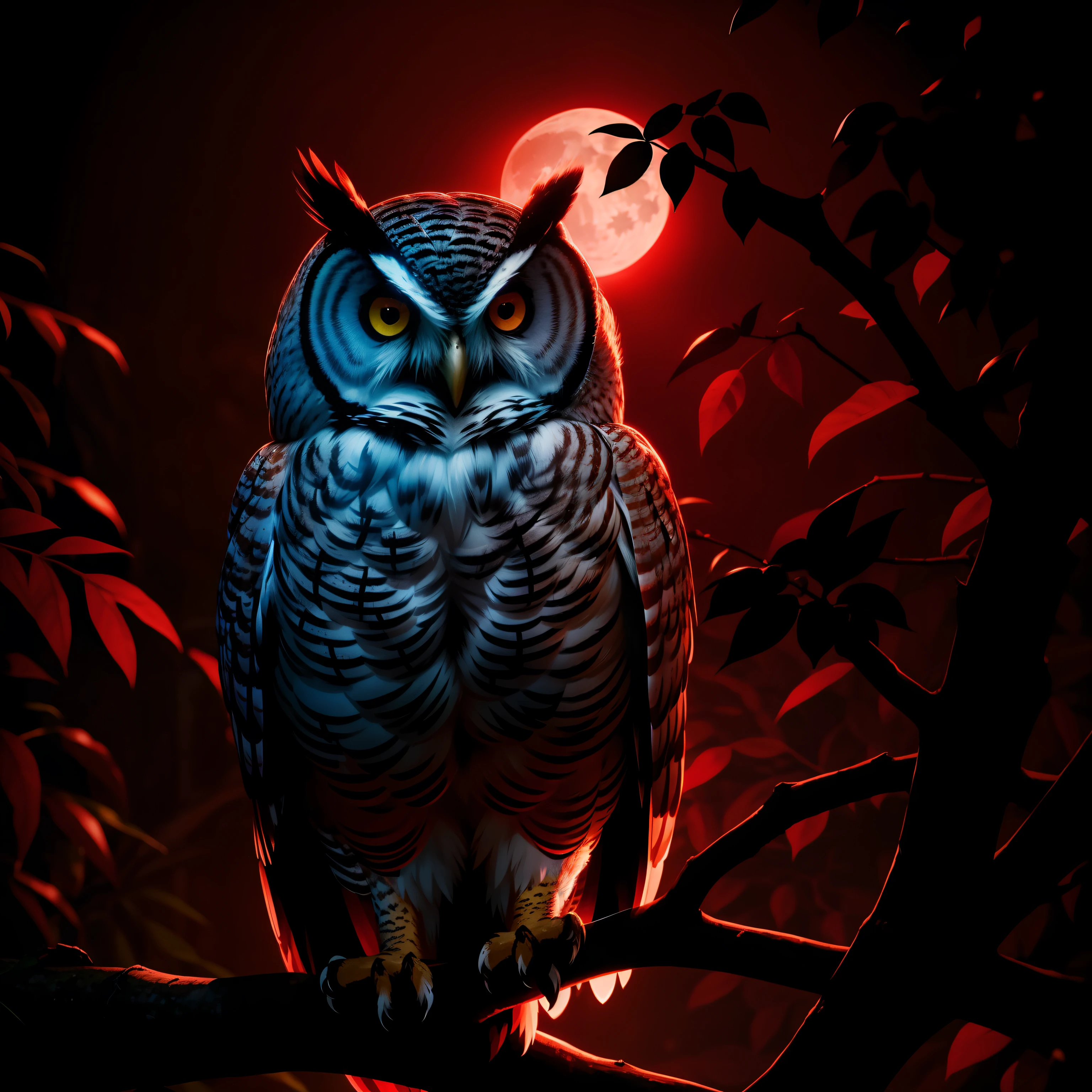 An amazing owl on the tree, red lighting eyes, in a dark jungle, cinematic, night, moonlight, high quality, 8k, super details