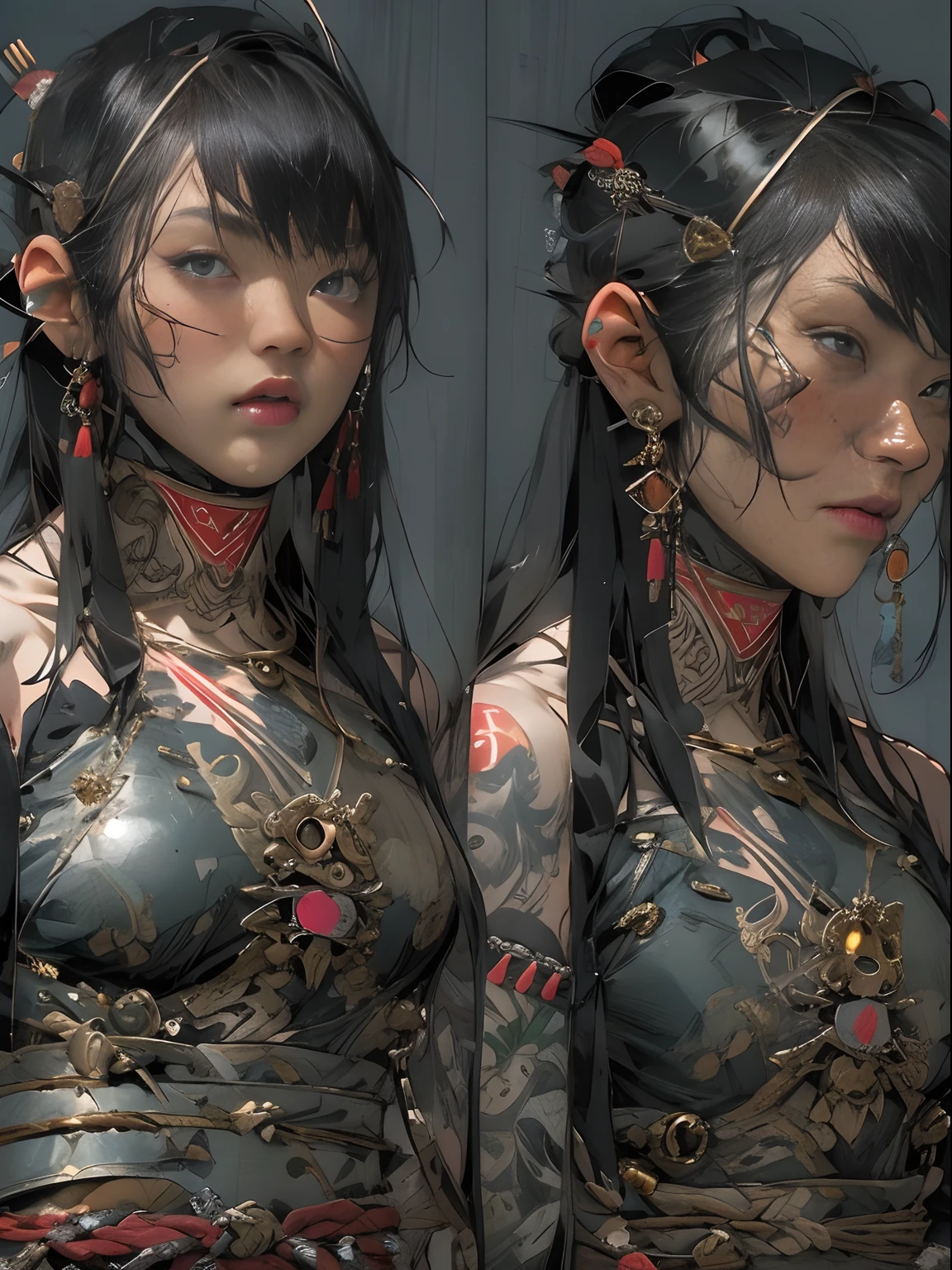 (((mtu))), (((best qualityer))), (((tmasterpiece))), (((AS-Adult))), ((( Japanese ))), Look up from your knees, Handsome Asian samurai,perfect body figure, Modern samurai, ((( Asian))), Wear gloves on your hands,The left arm is made of steel and metal tips,Made of protective devices, The eyes are pulled, (( Appears below the chest )), (( Small dental floss )), Simon Bisley, Almost naked(Simon Bisley)Castle City Wilderness,For high-resolution posters, hair straight, Minimum clothing, armure (Crazy clothes ), Full of tips and rivets, tribal tattoos, (((full bodyesbian))), Straight brunette hair,Colored hair ends