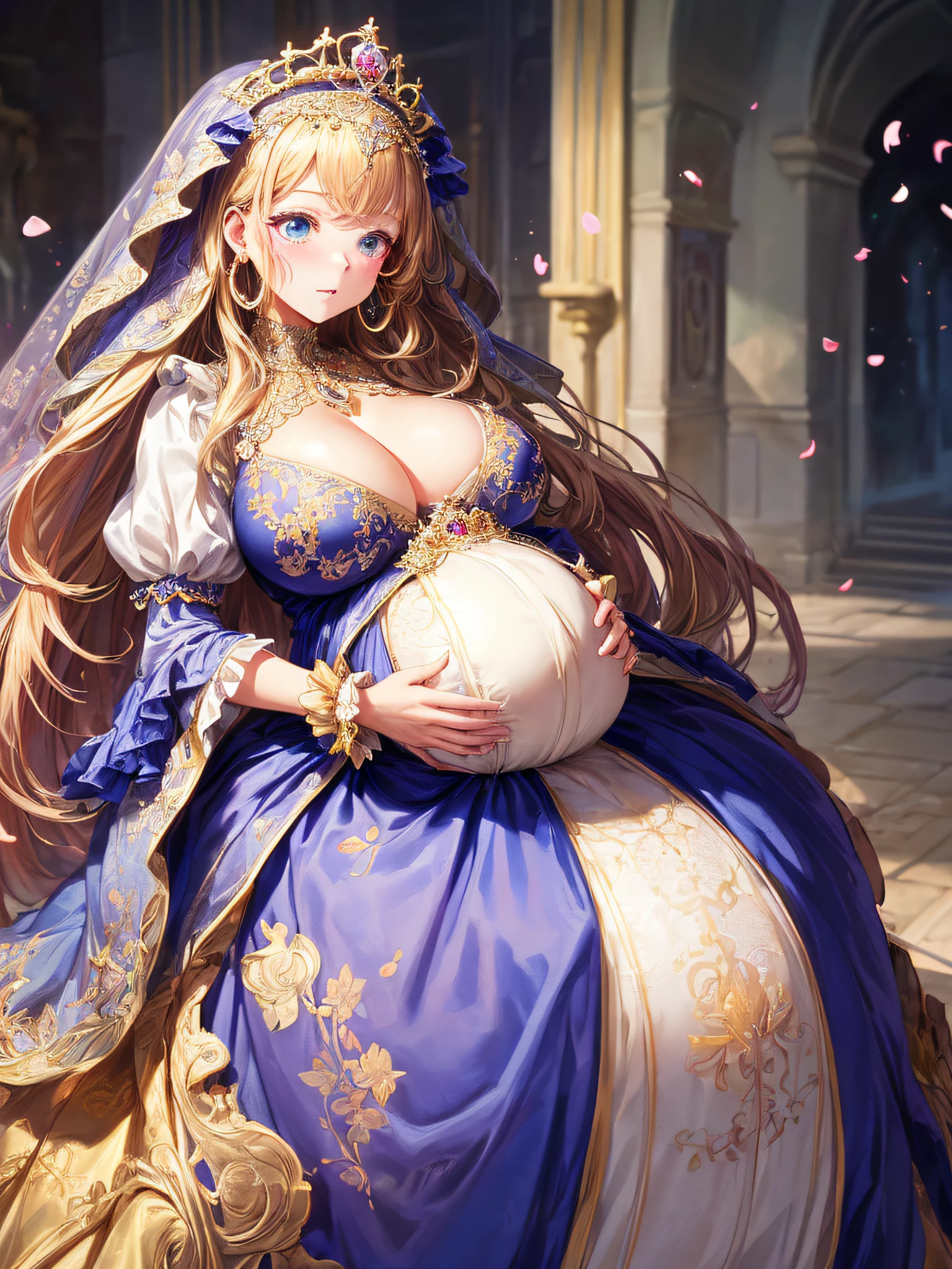 (masterpiece, best quality,extremely detailed:1.1),(moe anime art style:1.2),1girl,((full body,focus face)),((solo)), cute, kawaii,digital art,((1 bling-bling pregnant princess wearing beautiful embroidery and jeweled gorgeous princess rococo ballgown with voluminous full length hoop skirt)),(((heavily pregnant))),very big pregnant belly,((crinoline)),long train,voluminous frills,(gorgeous embroidery and beautiful lace),((very gigantic boobs,skindentation)),cleavage,shiny hair,(((very long straight hair,large amount of straight hair))),((embarrassed,anguish)),((finely detailed face and eyes)),clear pupil,extremely gorgeousfull hair ornament,(bling-bling jeweled extremely gorgeousfull tiara),(bling-bling gorgeous gemstone jewelry),long veil,beautiful background,fantasy background,flowers,flower petals flowing,full body,((beautiful embroidery and jeweled ruffled gorgeous princess rococo ballgown with voluminous full length hoop skirt))