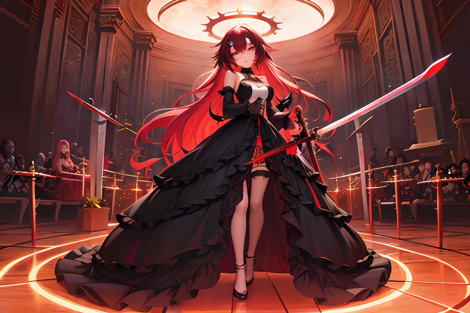 1girl, 独奏, red hair, two-tone dress, Black Dress, Red dress, Sleeping, temple, ancient goddess, (swords:1.6), a goddess, bloods, fangs, music, Faceless, red eyes, A Blossoming Heart, tall towers, ((Traces)), Sleeps, for sixteen thousand years, (Two-color fire), Pink Fire, red fire, (Cartoon Fire:1.5), Corpses, desert, avatar, Beautiful, stylish, commands attention, unique, aesthetic, Drama, dramatic, vibe, atmospheric, illumination, hard lighting, 🕸️, 🕷️, 🔪, 💔, 😐, A gloomy place, darkly, Curls, emo, black lipstick, two tone hair, Gradient hair, Spessartine gradient, Spessartine hair gradient, (Luminous spessartine:1.5), extra very long hair, curly hair, fluffy dress, Long Dress, Very short skirt, bare footed, shoulder-high, Bloody roses, Broken crown, (Dimmer:1.6), (Detailer:0.5), Halo, ((glowing halo))