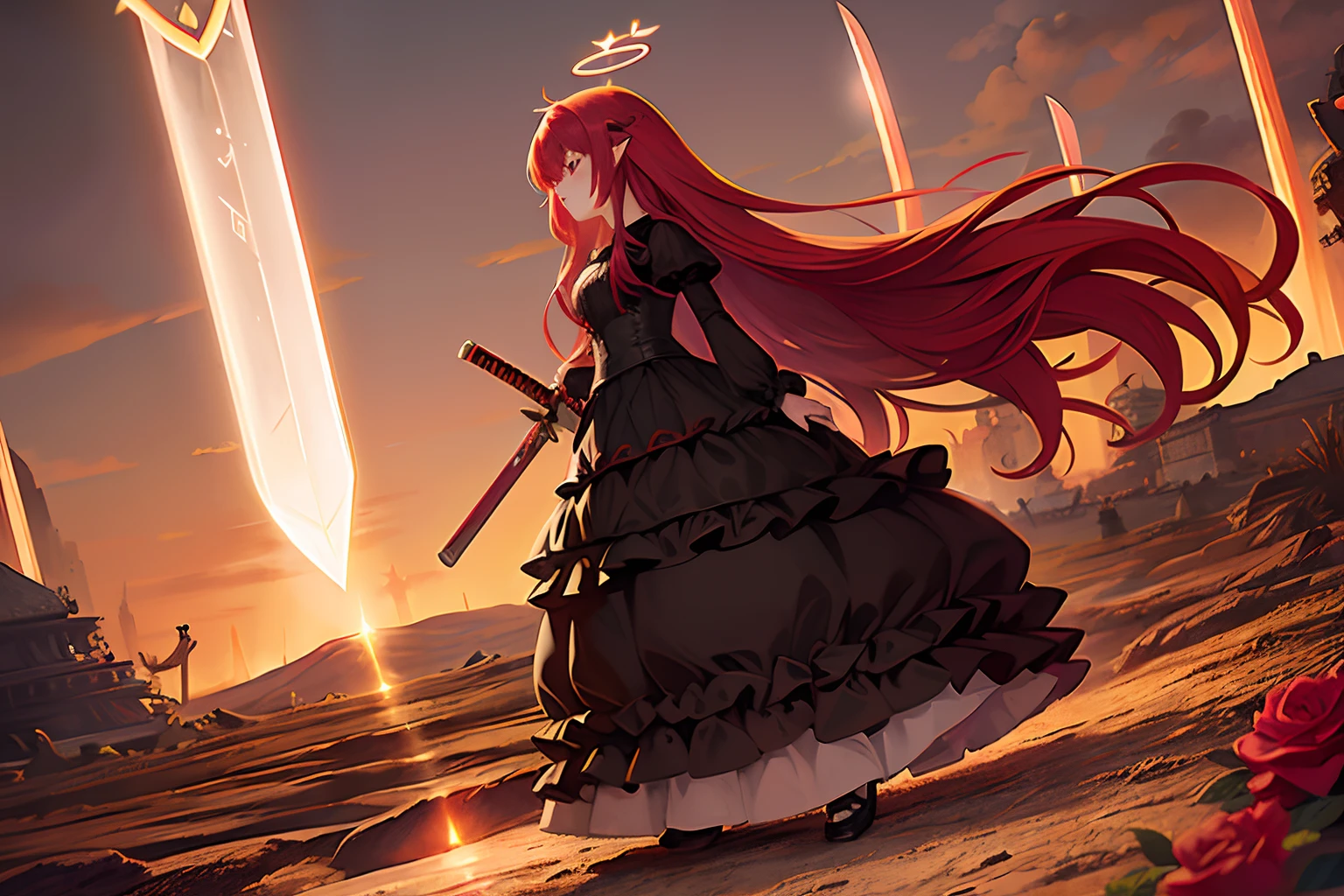 1girl, 独奏, red hair, two-tone dress, Black Dress, Red dress, Sleeping, temple, ancient goddess, (swords:1.6), a goddess, bloods, fangs, music, Faceless, red eyes, A Blossoming Heart, tall towers, ((Traces)), Sleeps, for sixteen thousand years, (Two-color fire), Pink Fire, red fire, (Cartoon Fire:1.5), Corpses, desert, avatar, Beautiful, stylish, commands attention, unique, aesthetic, Drama, dramatic, vibe, atmospheric, illumination, hard lighting, 🕸️, 🕷️, 🔪, 💔, 😐, A gloomy place, darkly, Curls, emo, black lipstick, two tone hair, Gradient hair, Spessartine gradient, Spessartine hair gradient, (Luminous spessartine:1.5), extra very long hair, curly hair, fluffy dress, Long Dress, Very short skirt, bare footed, shoulder-high, Bloody roses, Broken crown, (Dimmer:1.6), (Detailer:0.5), Halo, ((glowing halo))