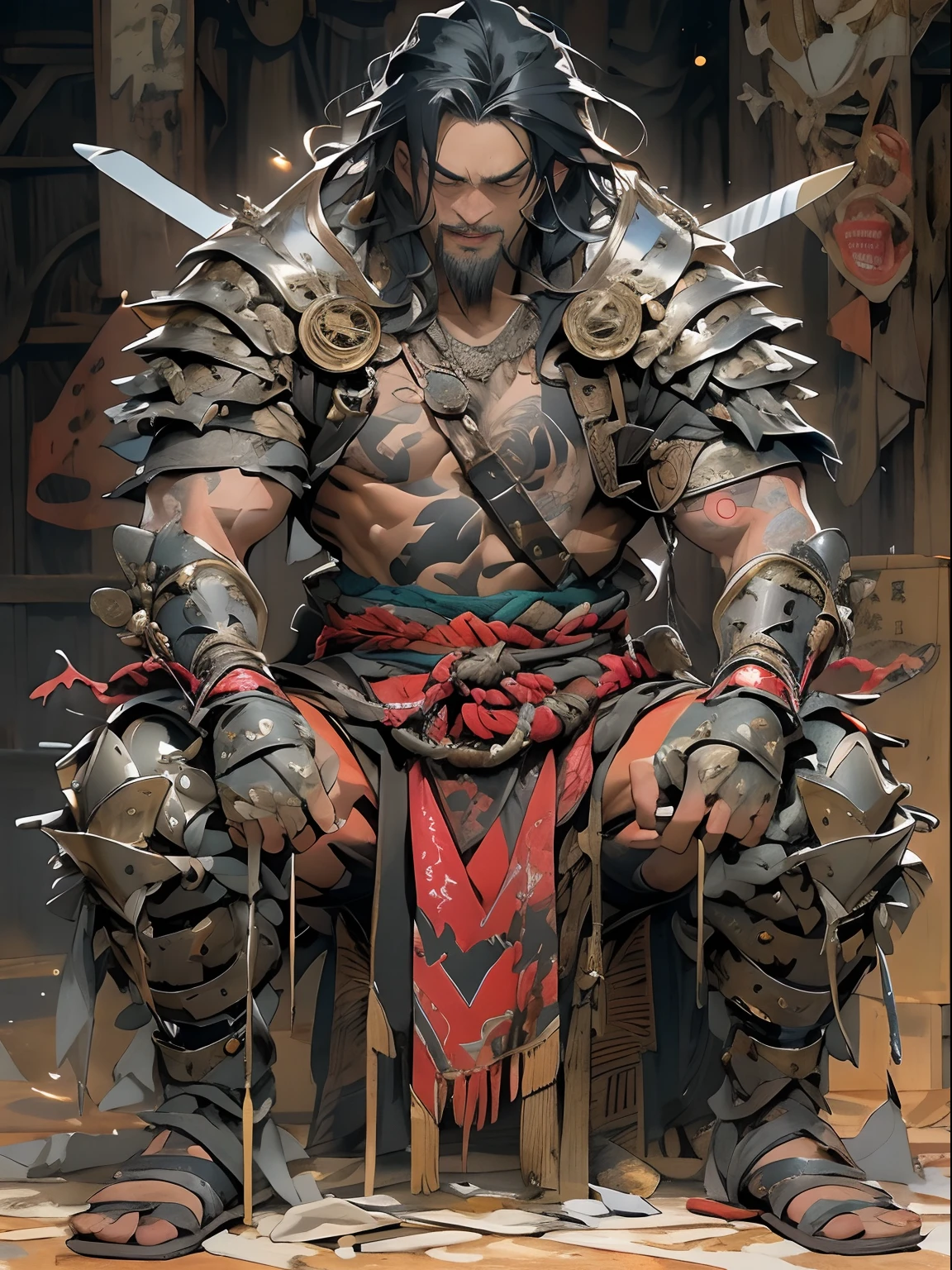 (((mtu))), (((best qualityer))), (((tmasterpiece))), (((AS-Adult))), ((( Japanese ))), Look up from your knees, Handsome Asian samurai,perfect body figure, Modern samurai, ((( Asian))), Wear gloves on your hands,The left arm is made of steel and metal tips,Made of protective devices, The eyes are pulled, (( Appears below the chest )), (( Small dental floss )), Simon Bisley, Almost naked(Simon Bisley)Castle City Wilderness,For high-resolution posters, hair straight, Minimum clothing, armure (Crazy clothes ), Full of tips and rivets, tribal tattoos, (((full bodyesbian))), Straight brunette hair,Colored hair ends