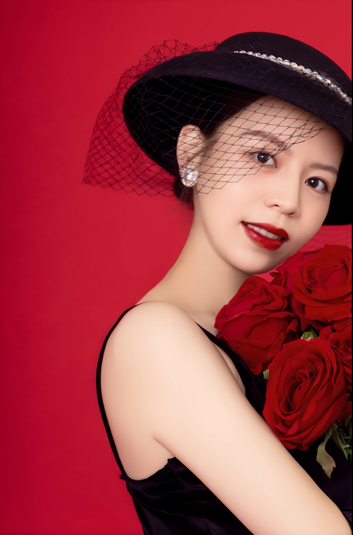 There was a woman in a black dress and hat holding a bouquet of roses, Red roses, Red rose, shaxi, in red background, Inspired by Gao Qipei, With flowers, Black and red, wearing black old dress and hat, wearing black dress and hat, Red and black, holding red roses, inspired by Yao Tingmei, style of yoshii chie