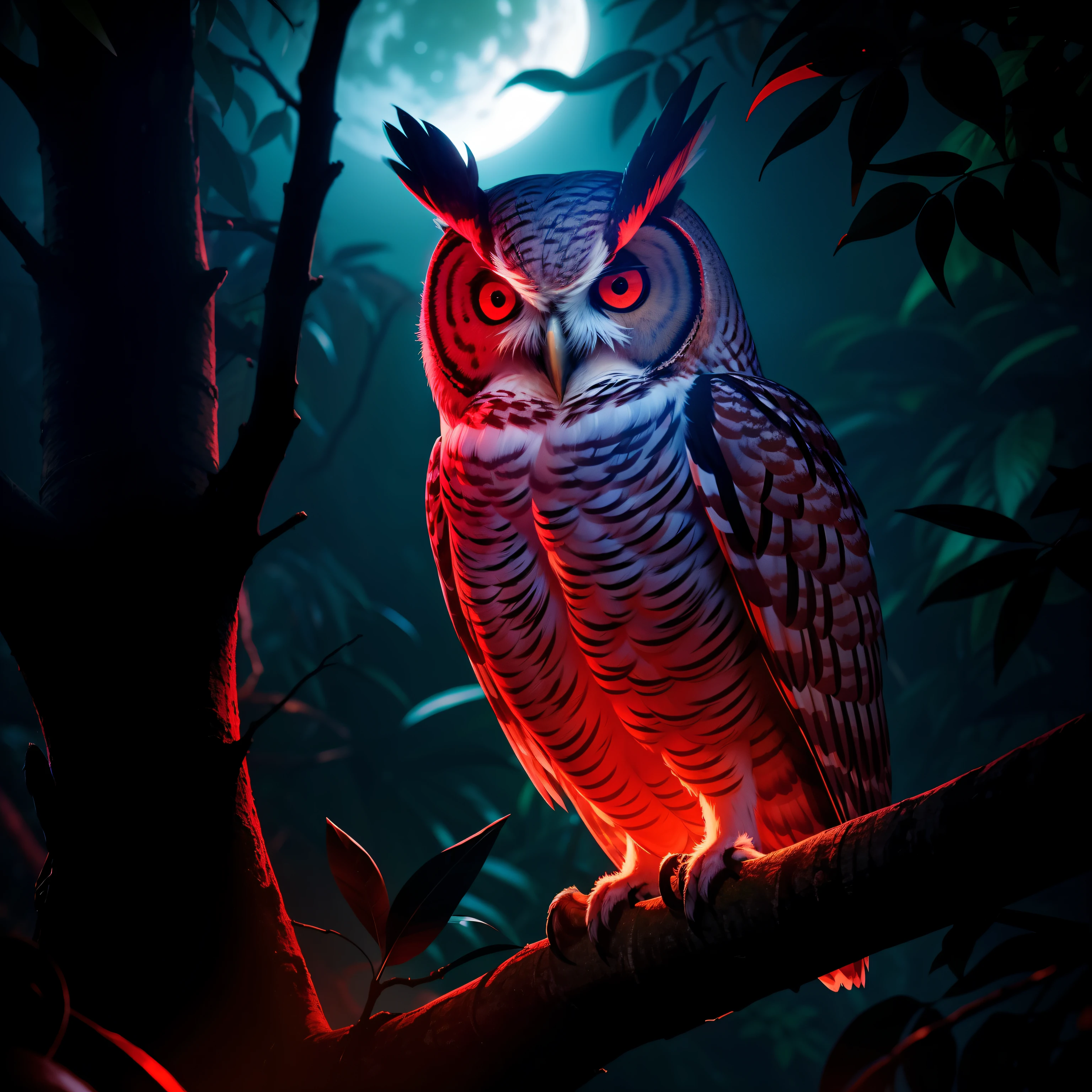 An amazing owl on the tree, red lighting eyes, in a dark jungle, cinematic, night, moonlight, high quality, 8k, super details