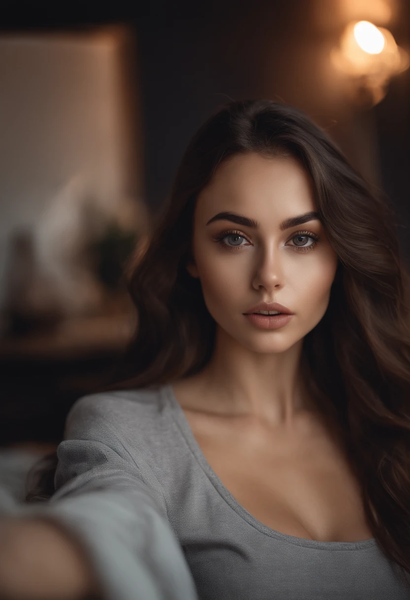 arafed woman with black clothes, sexy girl with brown eyes, portrait sophie mudd, brown hair and large eyes, selfie of a young woman, bedroom eyes, violet myers, without makeup, natural makeup, looking directly at the camera, face with artgram, subtle makeup, stunning full body shot, in bedroom, cleavage