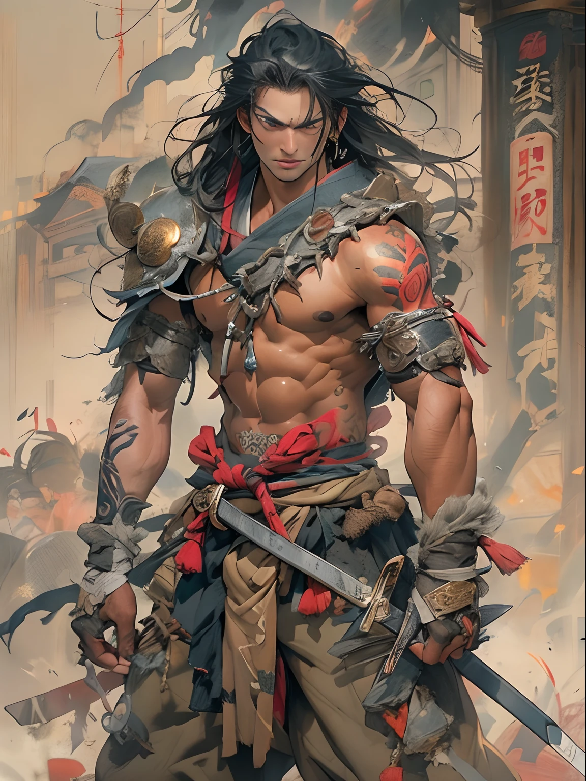 (((mtu))), (((best qualityer))), (((tmasterpiece))), (((AS-Adult))), ((( Japanese ))), Look up from your knees, Handsome Asian samurai,perfect body figure, Modern samurai, ((( Asian))), Wear gloves on your hands,The left arm is made of steel and metal tips,Made of protective devices, The eyes are pulled, (( Appears below the chest )), (( Small dental floss )), Simon Bisley, Almost naked(Simon Bisley)Castle City Wilderness,For high-resolution posters, hair straight, Minimum clothing, armure (Crazy clothes ), Full of tips and rivets, tribal tattoos, (((full bodyesbian))), Straight brunette hair,Colored hair ends