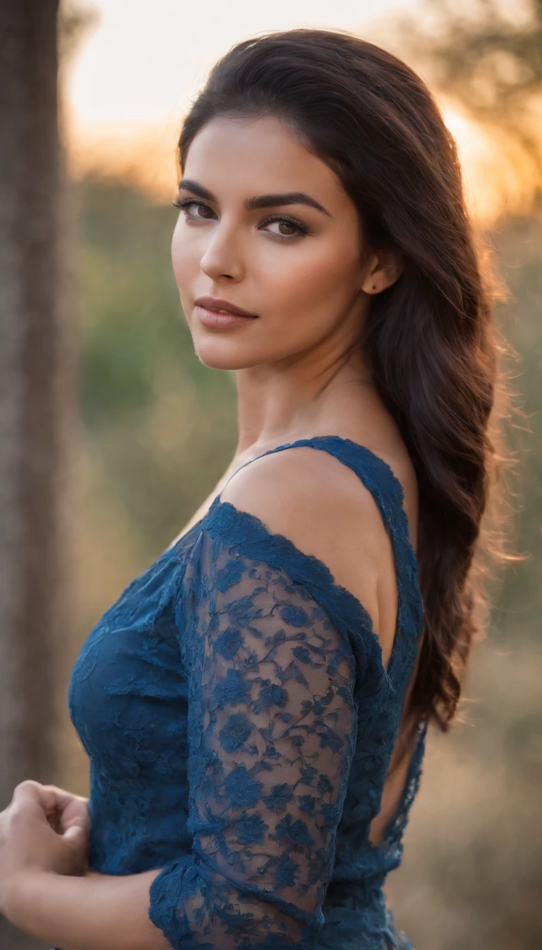 mujer morena.latina. Cabello largo hasta la cintura y negro. top escotado. cuerpo completo. con curvas definidas.ojos azules posando en un atardecer