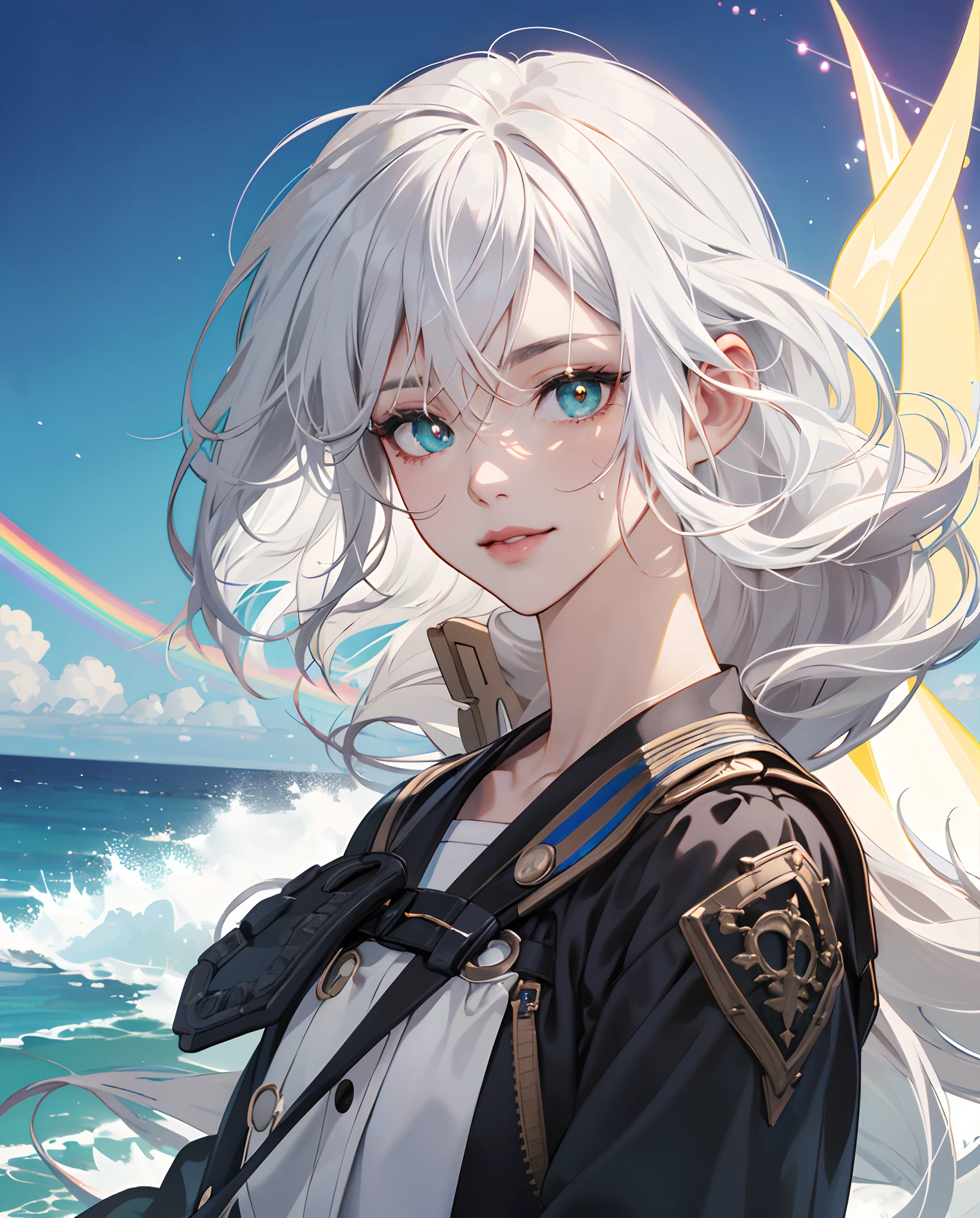 (Olhos nas bochechas:1.3),(White messy hair with details:1.7),cabelos volumosos(foco facial:1.3) (fundo praia:1.3),(Melancolia e sorriso suave:1.3) ,(peito medio:1.0),(Close-up labial:1.3),(Olhos arregalados:1.3), (Gothic green witch dress:1.2), (wearing black sweatpants:1.3), (Fitas iridescentes complexas:1.3), (regata branca curta:1.3),A deep blue sky and a vortex of light enveloped her, 5D Canon, 85 millimeters, profundidade de campos, 8k, Ultra nitidez, NFFSW, Octano, irreal, dramatic light, global ilumination,Filme,Rainbow,Lensflare,(olhos azuis:1.3),olho extremamente detalhado,(Art Rainbow Star:1.3),(fantasia:1.3),(Agfacolor:1.3),(Close portrait:1.3),(Feminino:1.4),(Beautiful:1.4),(atraente:1.3),Move an angle,olhos perfeitamente detalhados,Thematic background, (anime:1.4)