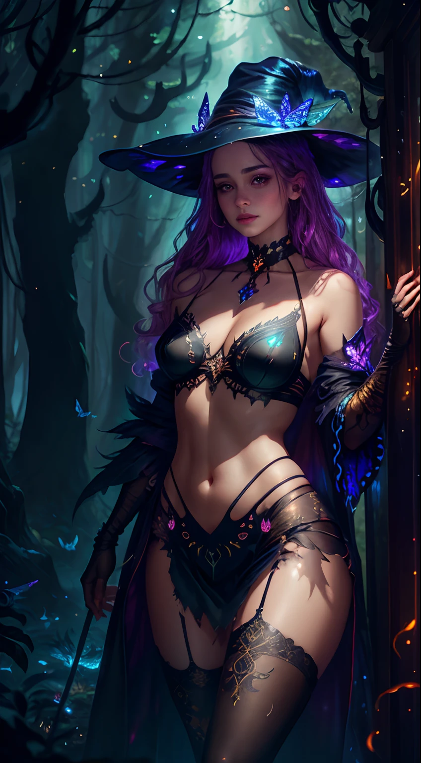 sexy full shot body photo of the most beautiful artwork in the world, illustration, cinematic light, fantasy, highres, highest quallity, ultra detailed, best quality, masterpiece, (detailed face), sexy mature woman wears a shirt and (torn) fullbody (transparent galaxy) cloths coat, floating cloth, choker, glowing (elder underworld fantasy) forest plants with neon details, open shoulders, tiny glowing butterfly, hair jewery, wearing a torn witch hat, (focus on body:1.25), night, small mutated animals in background, torn mini skirt ,a potion on hip, shoulder pads emitting magic energy, cameltoe, dark, light reflection