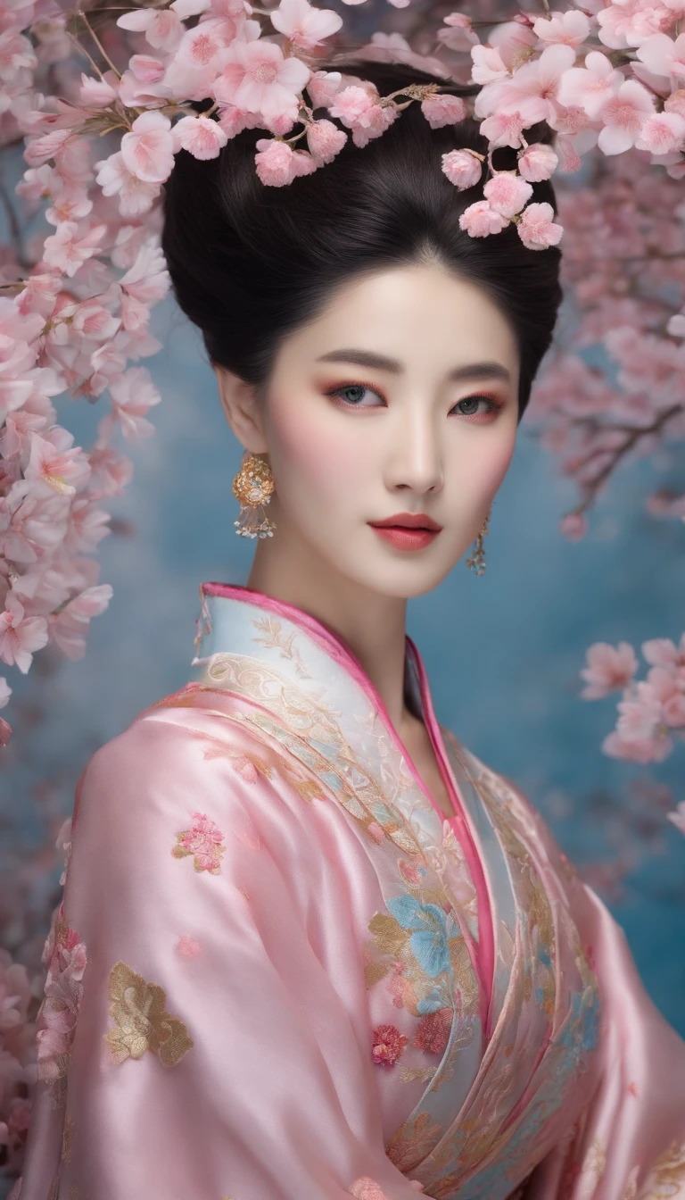 (Best quality,4K,8K,A high resolution,Masterpiece:1.2),Ultra-detailed,(Realistic,Photorealistic,photo-realistic:1.37),Exquisite depiction of cherry blossoms on traditional Chinese silk dress, Dynamically capture Tai Chi elements, Flowing fabric, Vibrant colors, Pastel tones, Soft and dreamy lighting, meticulous craftsmanship, Dynamic movements, Detailed rendering of intricate floral embroidery, Graceful posture, Porcelain-like skin, Pink long double tail, soft blue eyes, Subtle and flawless makeup, Surreal wallpapers.