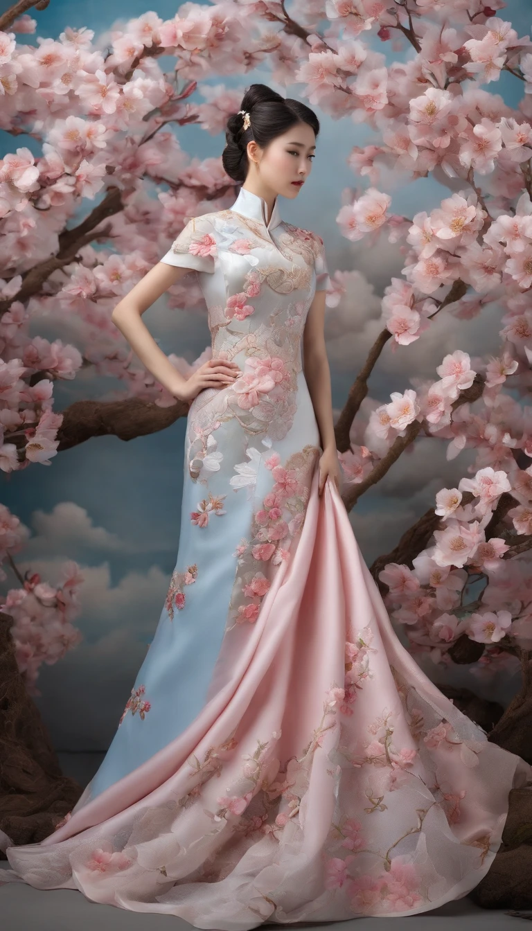(Best quality,4K,8K,A high resolution,Masterpiece:1.2),Ultra-detailed,(Realistic,Photorealistic,photo-realistic:1.37),Exquisite depiction of cherry blossoms on traditional Chinese silk dress, Dynamically capture Tai Chi elements, Flowing fabric, Vibrant colors, Pastel tones, Soft and dreamy lighting, meticulous craftsmanship, Dynamic movements, Detailed rendering of intricate floral embroidery, Graceful posture, Porcelain-like skin, Pink long double tail, soft blue eyes, Subtle and flawless makeup, Surreal wallpapers.