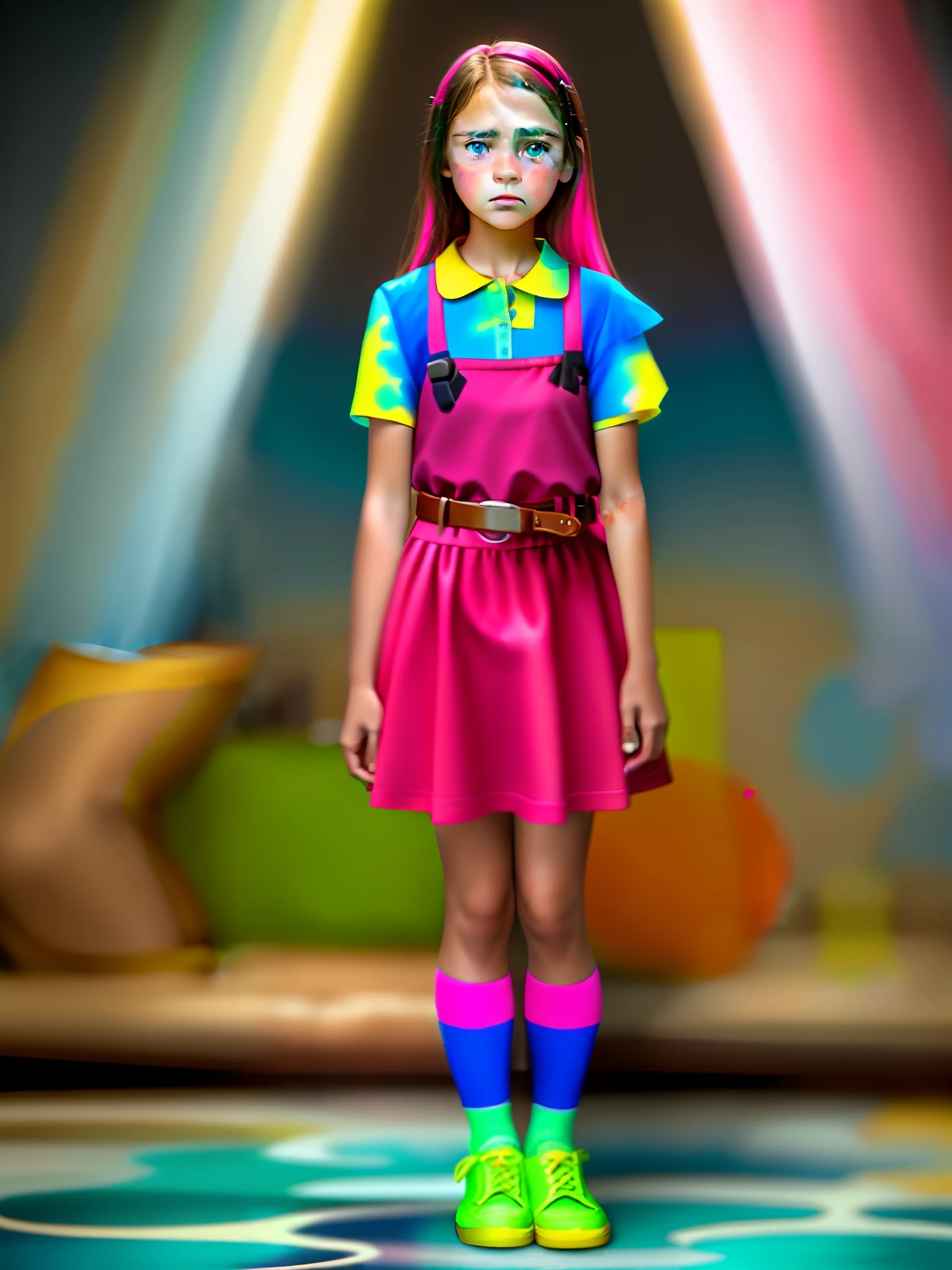  girl with Brown hair and blue eyes wearing a royal blue flared dress with thick straps and round collars, a shirt with a splash print (pink, yellow, red, water green) and short sleeves in a baby look selt with a splash print (pink, yellow, red, water green), long white socks and shoes royal blue with colorful laces, uniforme orphanage in informal style, White background like a soap opera promocional PIC, realistic PIC, 8k, primal work