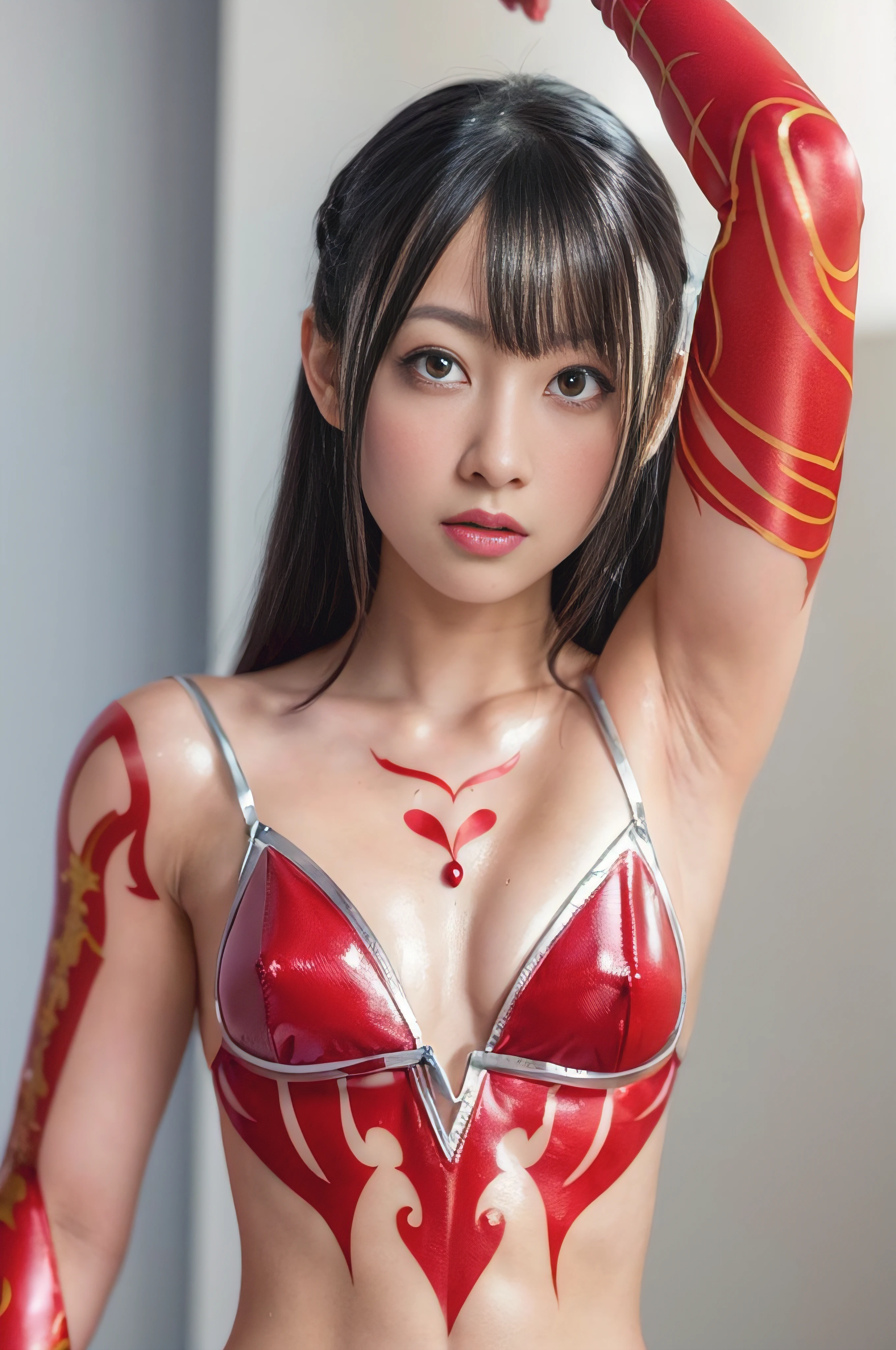 Alafed woman dressed in red and silver posing for photo, Anime Character; Full Body Art, Anime girl cosplay, seductive tifa lockhart portrait, masayoshi suto and artgerm, Realistic Young Gravure Idol, irelia from league of legends, sakimichan, Cosplay, cosplay foto, Hyper realistic anime, Tifa