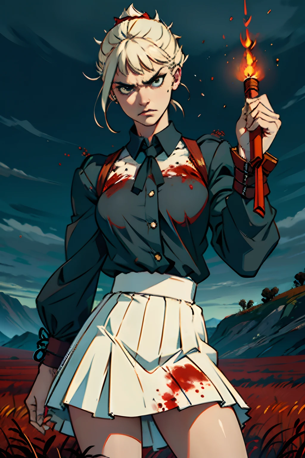 An angry, bitter woman, wearing a white blood spattered skirt and a black blouse, brandishing a large bloody saber, background is open field, dark puffy storm clouds, mood is tragic, violent, agonizing, horrifying, character design.