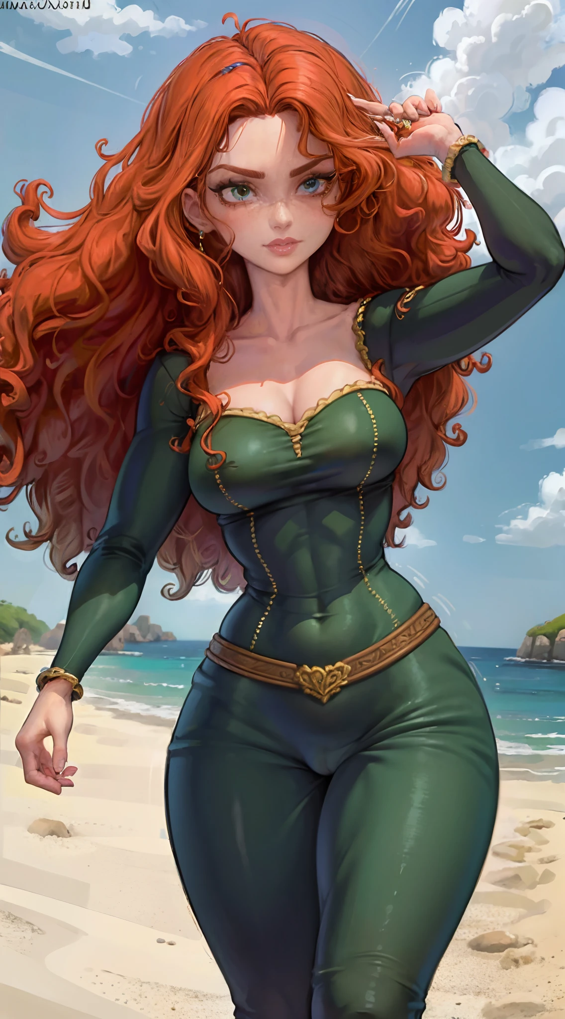 SFW,Merida, sozinho, Standing, ((Pose Bunda amostra)), Beautiful, rosto perfeito,garota gostosa,usando um vestido sexy ,clivagem, Green pantyhose, ((seios grandes cintura fina quadris largos coxas grossas bunda grande curvas thincc)), milf,garota curvy,perfect hands, 5 dedos bons, natural lighting, anatomia perfeita, boa anatomia, good composition, corar, dia ensolarado, Fields scenario, open sky,arte profissional, dynamic art