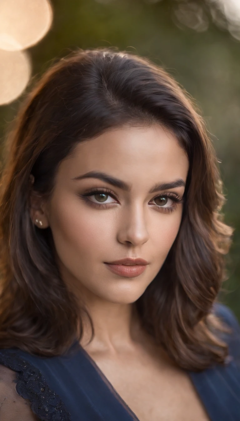 mujer morena.latina. Cabello largo hasta la cintura y negro. top escotado. cuerpo completo. con curvas definidas.ojos azules posando en un atardecer. Round, defined cheekbones.labios carnosos