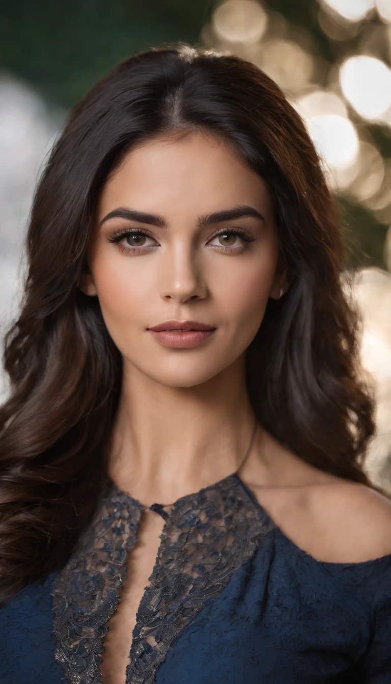 mujer morena.latina. Cabello largo hasta la cintura y negro. top escotado. cuerpo completo. con curvas definidas.ojos azules posando en un atardecer. Round, defined cheekbones.labios carnosos