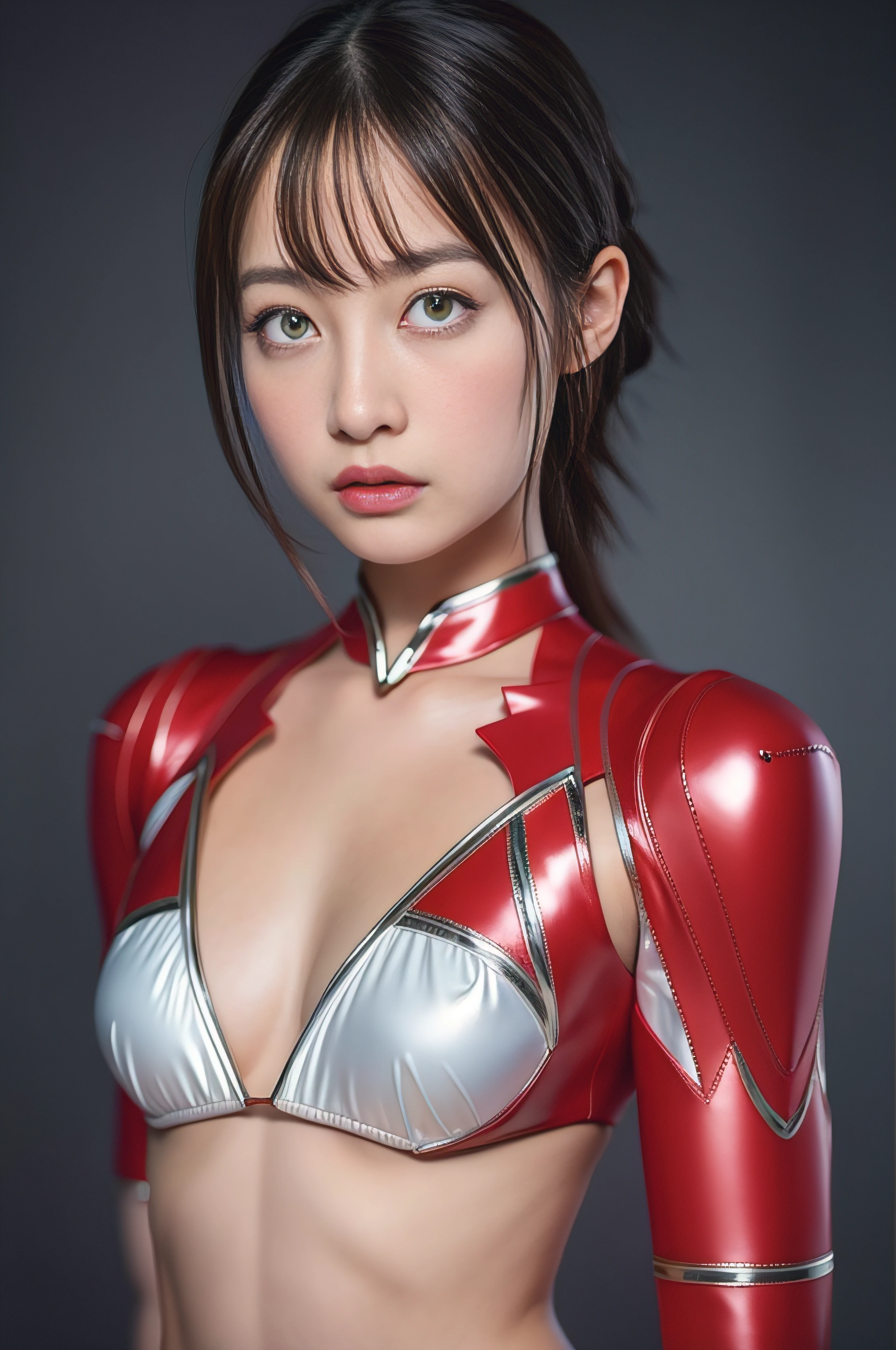 Close up portrait of a woman in a red and silver costume, akihiko yoshida. Unreal Engine, Hyper realistic anime, photorealistic anime girl render, sakimichan hdri, 3 d anime realistic, Yoko Matsugane(I don't know about the fire dance), sakimichan, 8K portrait rendering, Portrait of a female anime hero, deayami kojima